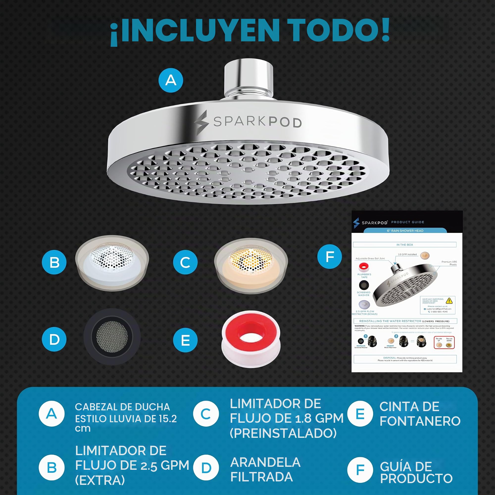 SparkPod Cabezal de ducha fijo, lluvia de alta presión, aspecto cromado moderno de lujo, fácil instalación sin herramientas, el reemplazo ajustable perfecto para tus cabezales de ducha de baño