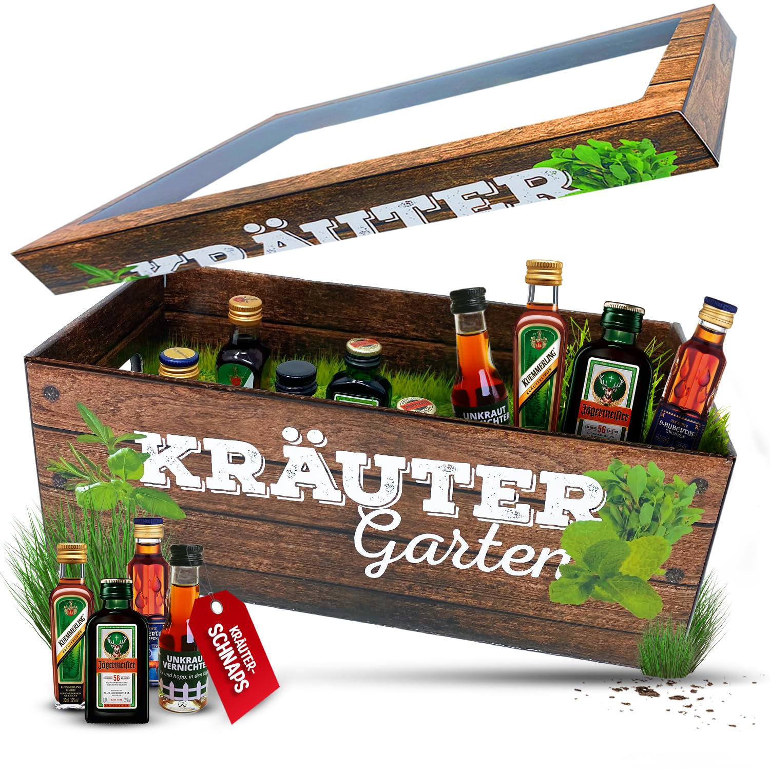 Longfair Männer-Kräutergarten | witziges Geschenk mit Alkohol | 8x Kräuter-Likör für Männer und Frauen | Jägermeister, Kümmerling u.v.m.