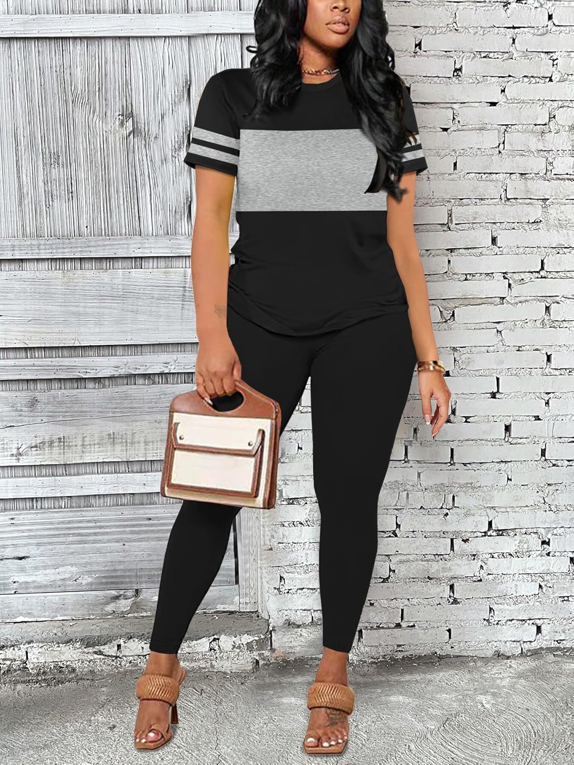 Two Piece Sets for Women Summer Short Sleeve Striped Crewneck Slim Fit Active Casual Sweatsuits - Image 3