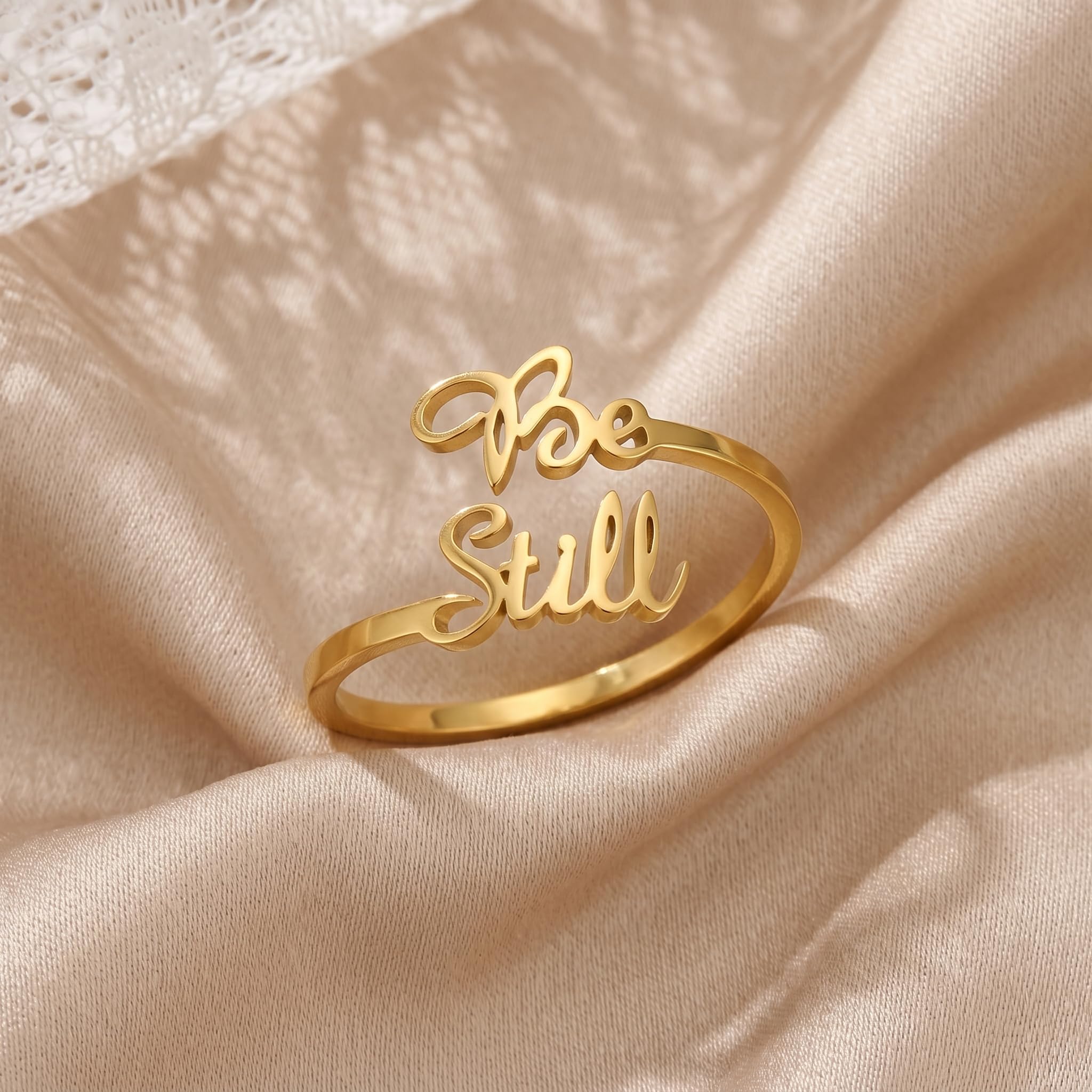 Anillo con versículo bíblico Be Still And Know That I am God, anillo abierto de acero inoxidable chapado en oro de 14 quilates, anillos de pureza, joyería cristiana, regalos para mujeres, salmo 46