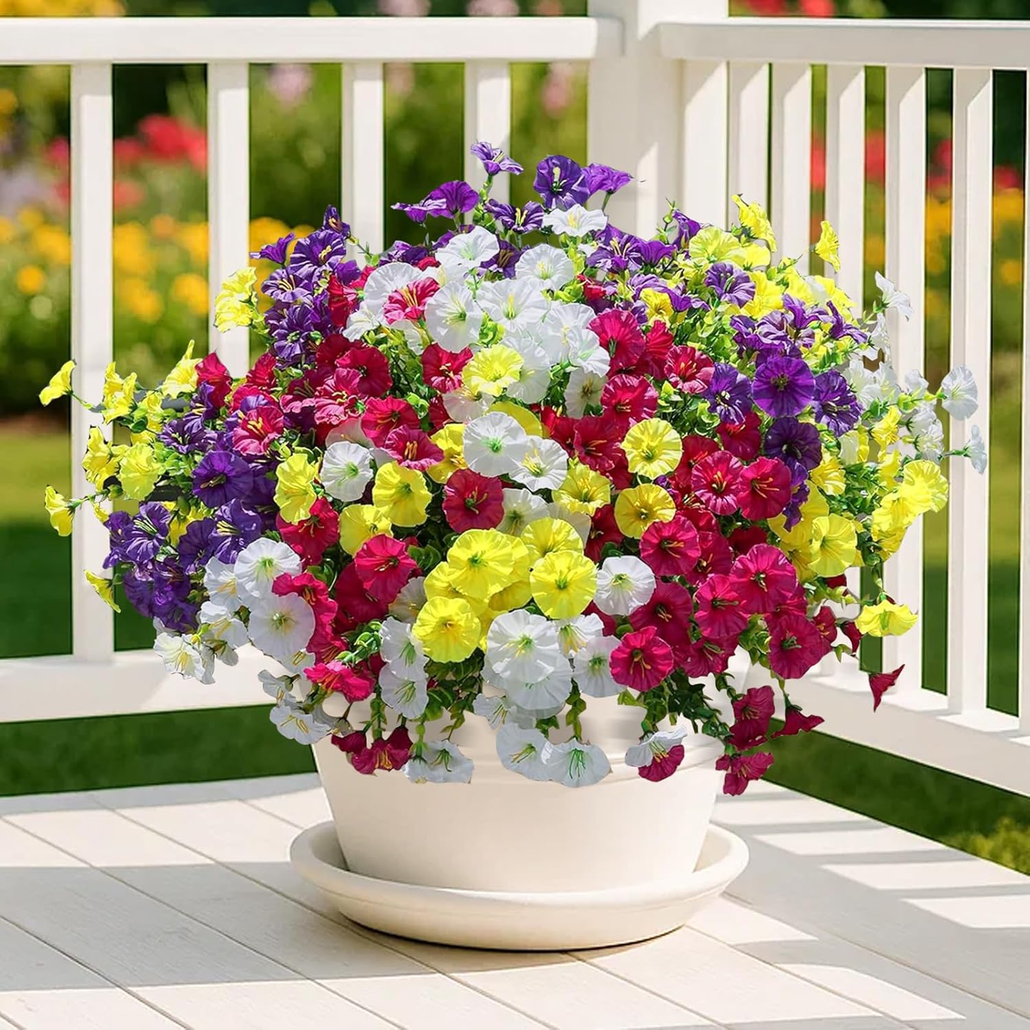 Outdoor Artificial Flowers, 14 Bundles UV Resistant Artificial Outdoor Plants for Garden, Patio & Porch Decor, Mixed Colors (Purple,Fuchsia,Yellow,White)