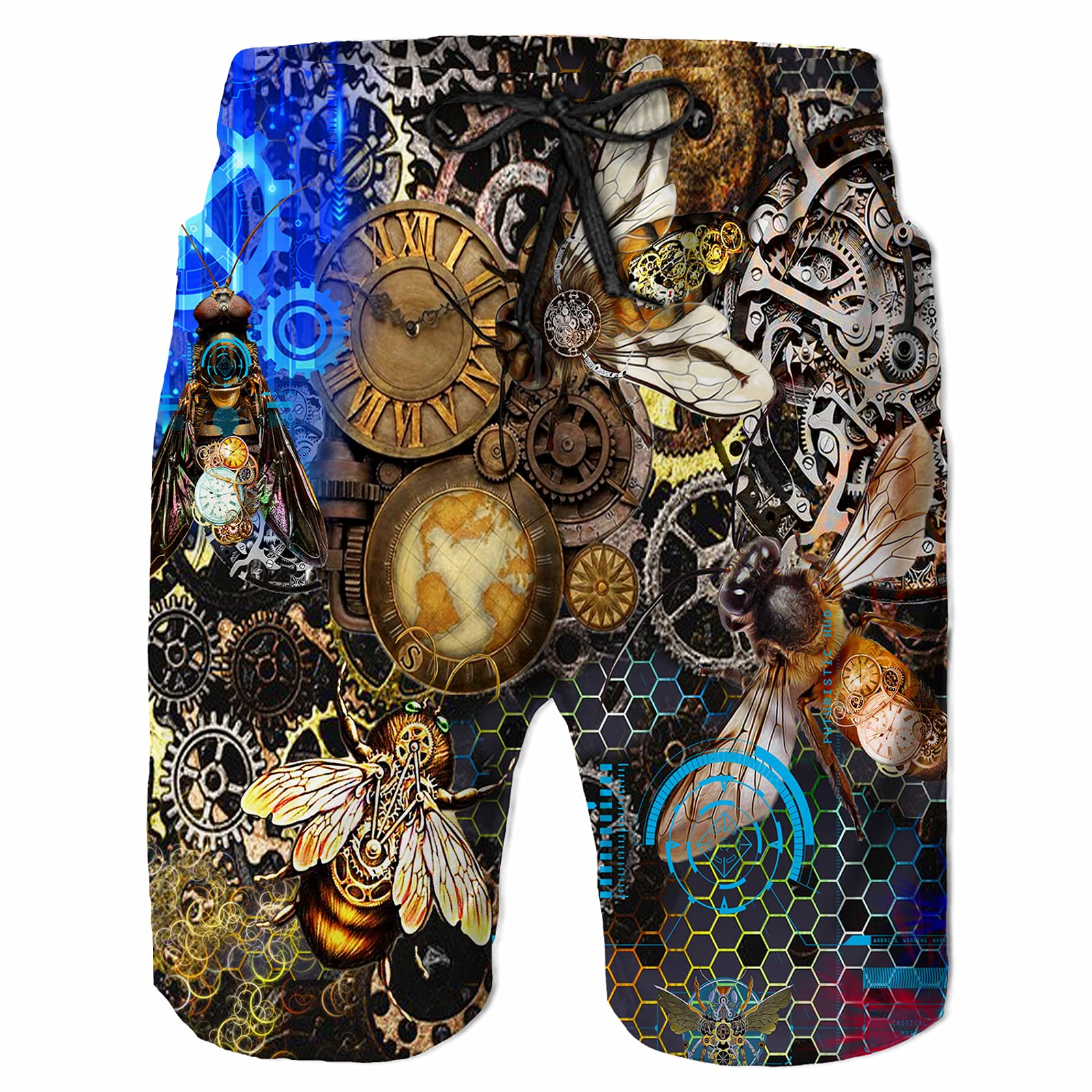 UOER Mens Swim Trunks Mechanical Bee Vintage Quick Dry Beach Shorts with Mesh Lining Pockets Swimwear