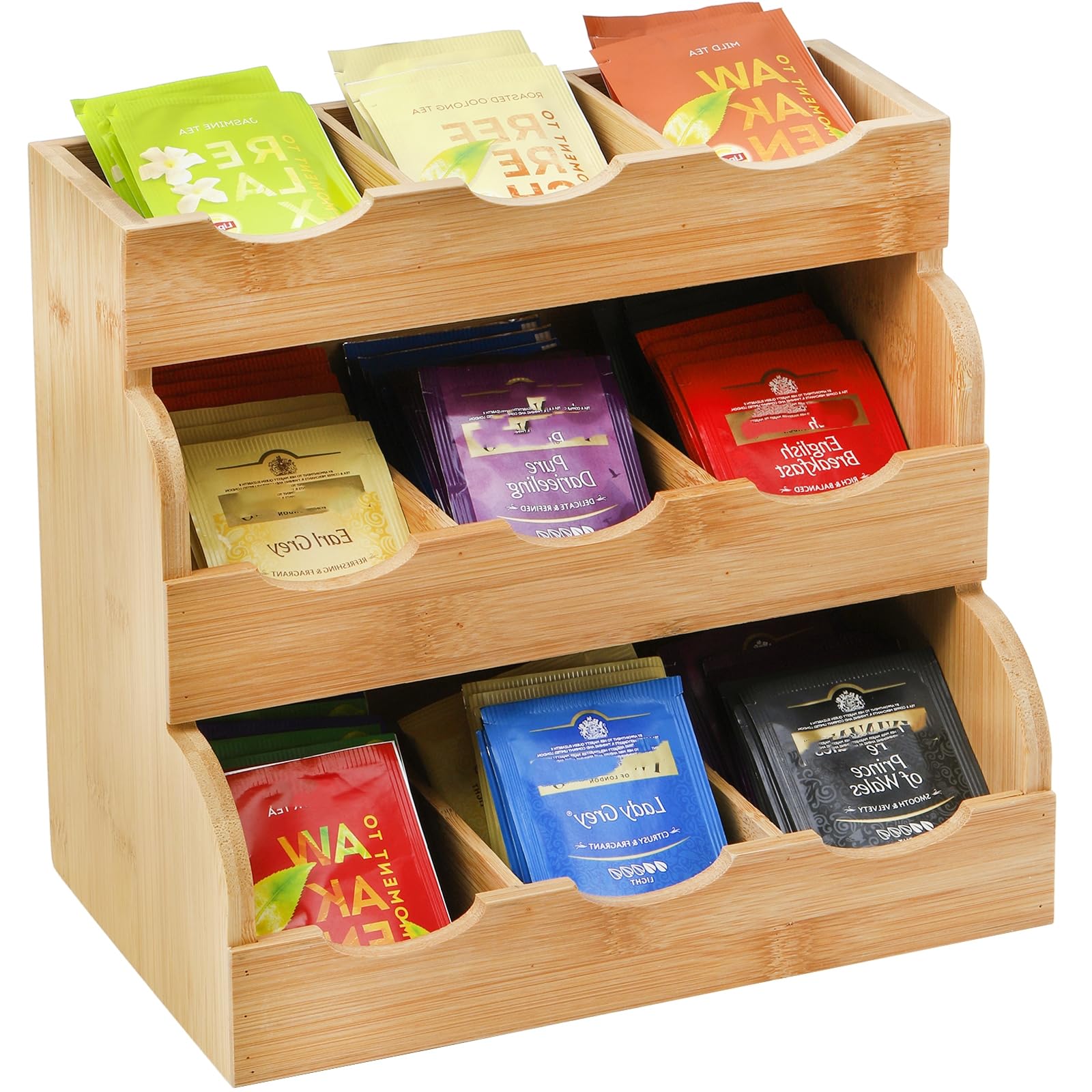 Lyellfe Tea Bag Organizer, Vertical Bamboo Tea Bag Holder, Tea Bag Tray Caddy to Hold 180 Tea Bags, 3 Tier Rustic Coffee Condiment Holder Storage Caddy for Home, Office or Café, 9 Compartments