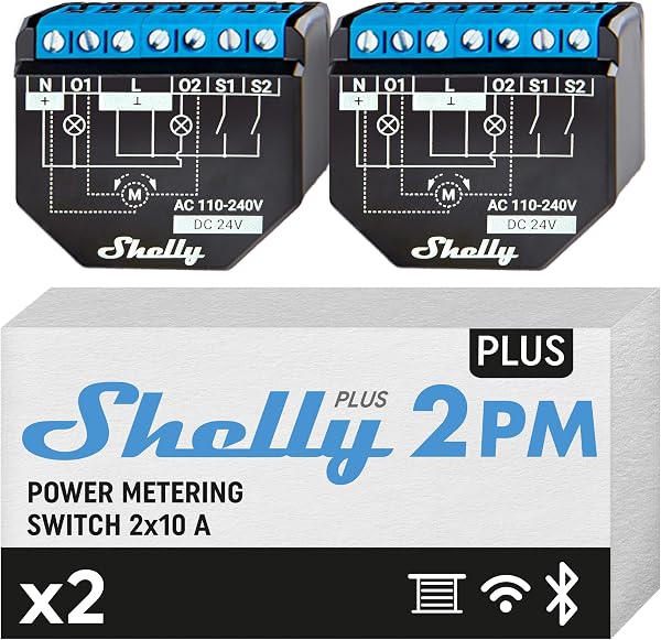 Shelly Plus 2PM, Relé WiFi & Bluetooth 2 canali, Ideale per Tende/Persiane/Tapparelle o due punti luce separati, No Hub Richiesto, integrazioni smart con Google e Alexa, Monitoraggio consumi, 2 pezzi - 1