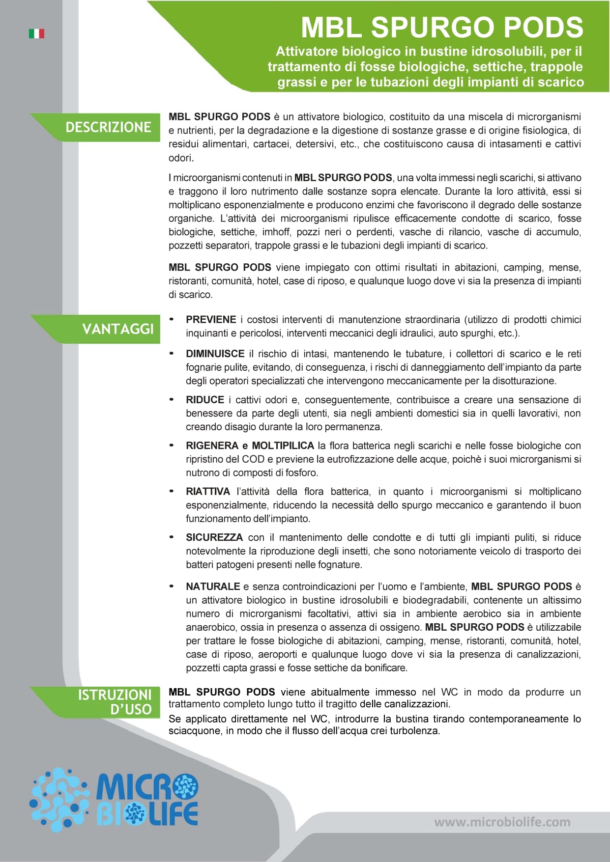 MBL SPURGO PODS gr. 700 – n. 20 bustine idrosolubili da 35 gr. (500 milioni di microrganismi per gr.) Attivatore biologico per il trattamento di fosse biologiche e per le tubazioni di scarico