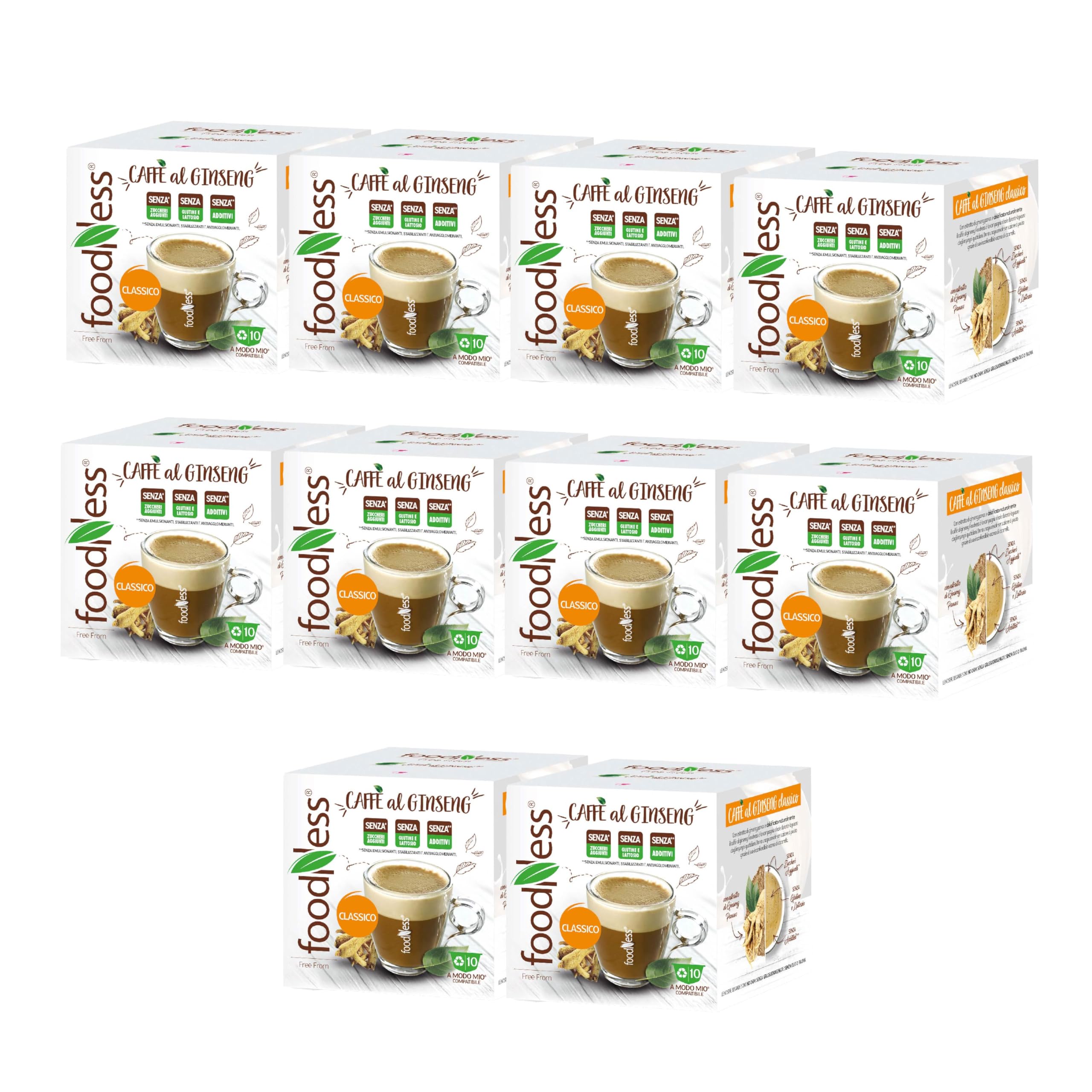 foodNess - 10 Box da 10 Capsule di Ginseng, Capsule Compatibili con Sistema Lavazza A Modo Mio, Solubile per Caffè con Estratto di Ginseng, Senza Glutine, Additivi, Lattosio e Zuccheri Aggiunti
