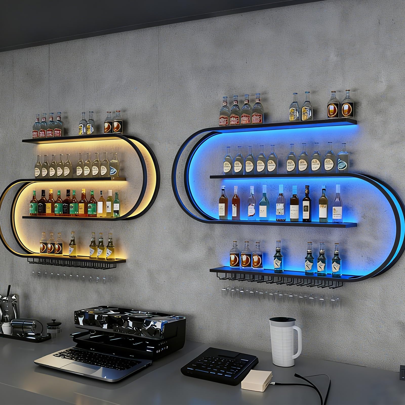 120cm Botellero de Pared, Botellero Semicircular Multicapa con Ganchos para Copas de Vino, Vino de Hierro Forjado, Apto para Cocina, Bar, Cafetería (Excluidas Las Bombillas) (BLACK, 121*20*120cm)