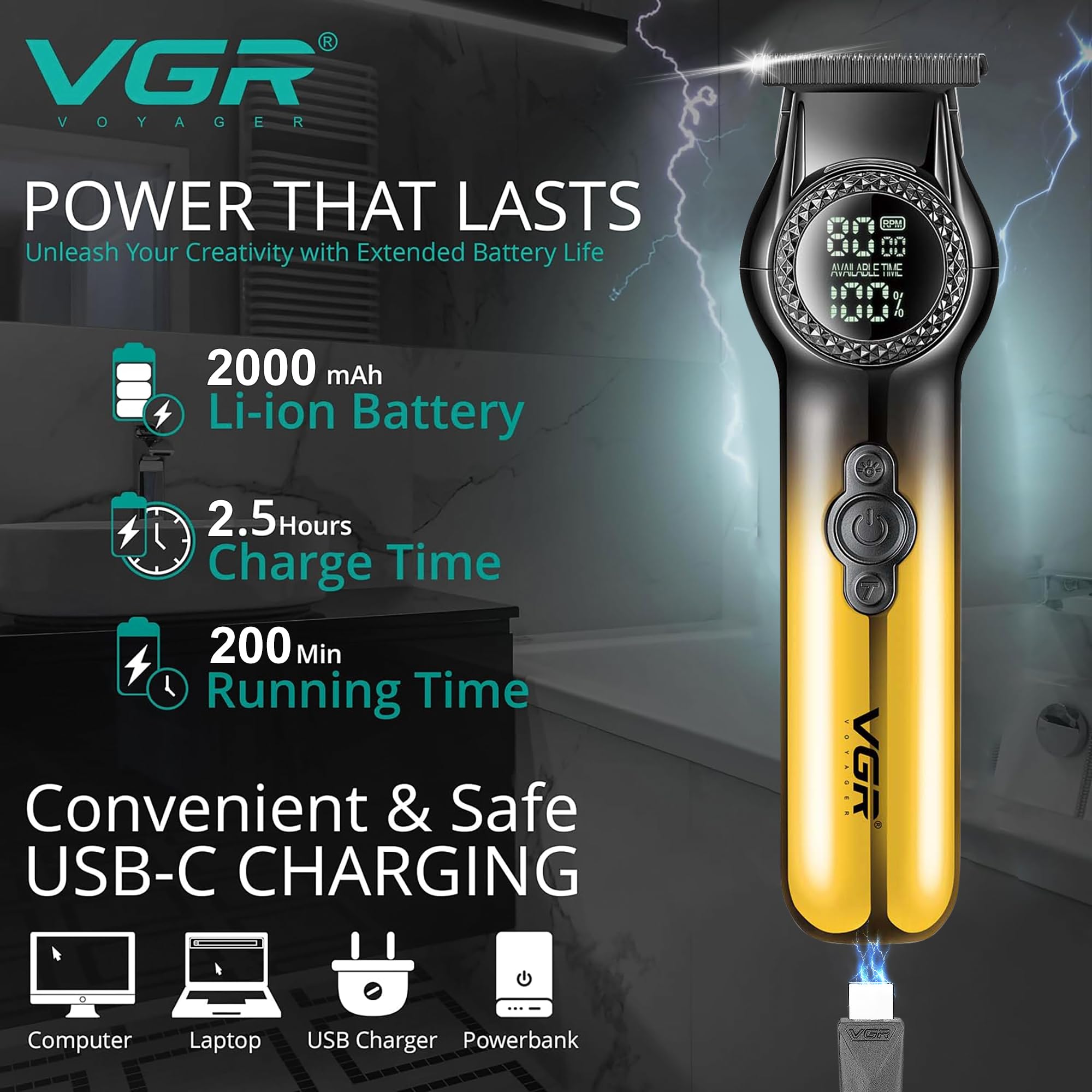VGR Regolabarba da uomo ricaricabile USB-C, elettrico, professionale, 8000 giri/min, luce LED, 2 velocità, lame in ceramica, batteria da 200 minuti, tagliacapelli senza fili, kit per la cura del viso
