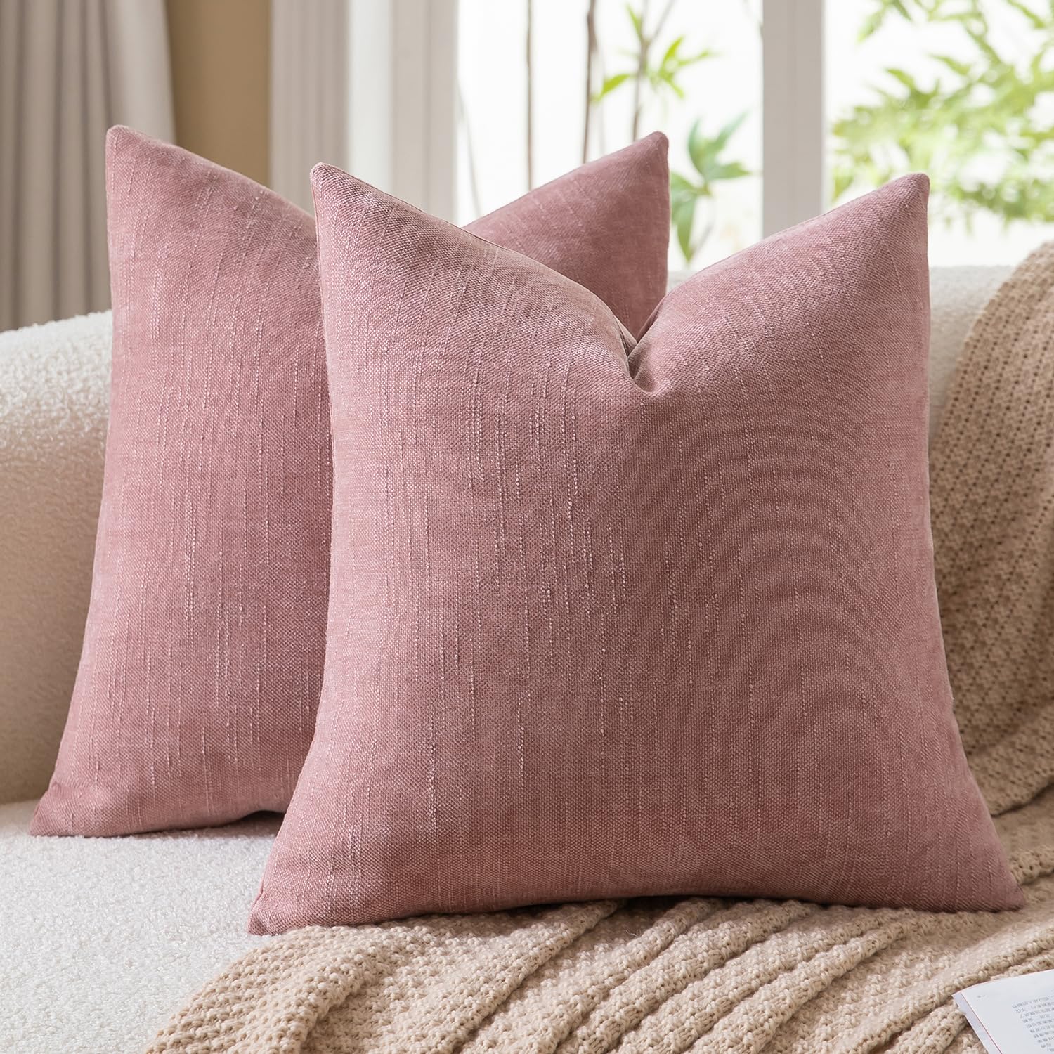 Mandioo Pack of 2 Faux Linen Chenille Cushion covers 40x40 cm 16x16 Inch Decorative Pillow Covers Velvet Accent Throw Pillow Case for Couch Sofa Living Room Bedroom Farmhouse Decor DustyPink