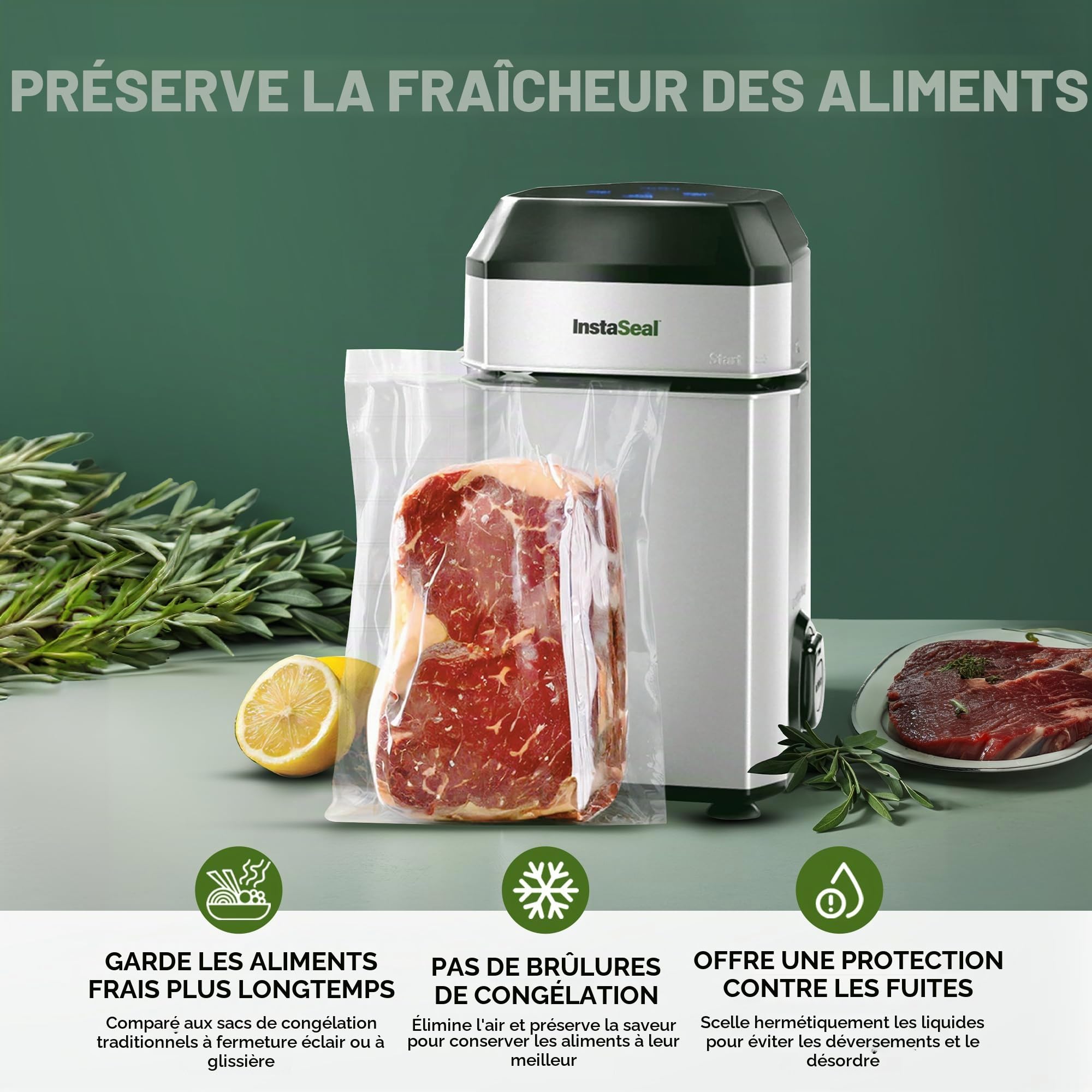 InstaSeal Machine à emballer sous vide pour aliments avec 12 sacs, la machine à emballer sous vide brevetée permet de sceller sous vide les liquides, scellant sous vide pour les aliments et garde les