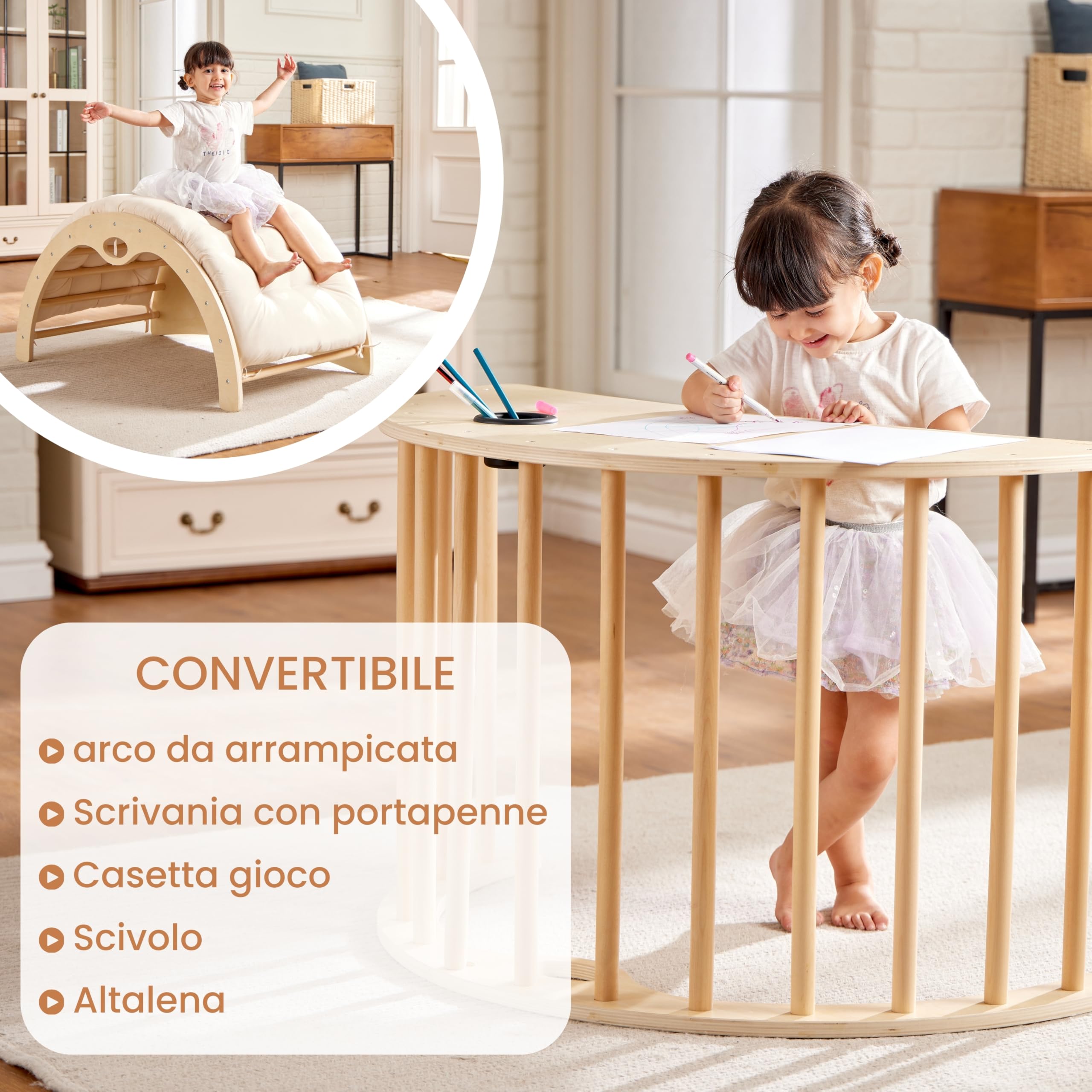 Arco da Arrampicata Montessori per Bambini - Giocattolo Educativo per capacità Motorie - Dondolo, Scivolo, Tavolo da Gioco - Ideale per Interni ed Esterni