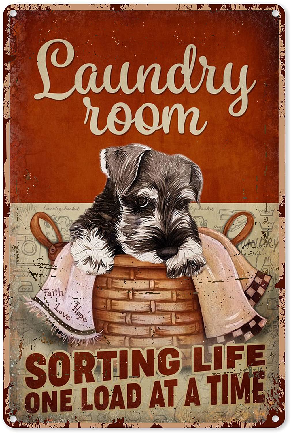 peiyeety Vintage Laundry Large Schnauzer Laundry Sorting Life One Load at A Time Poster Metal Aluminium Tin Sign Wall Decor 8"x12"