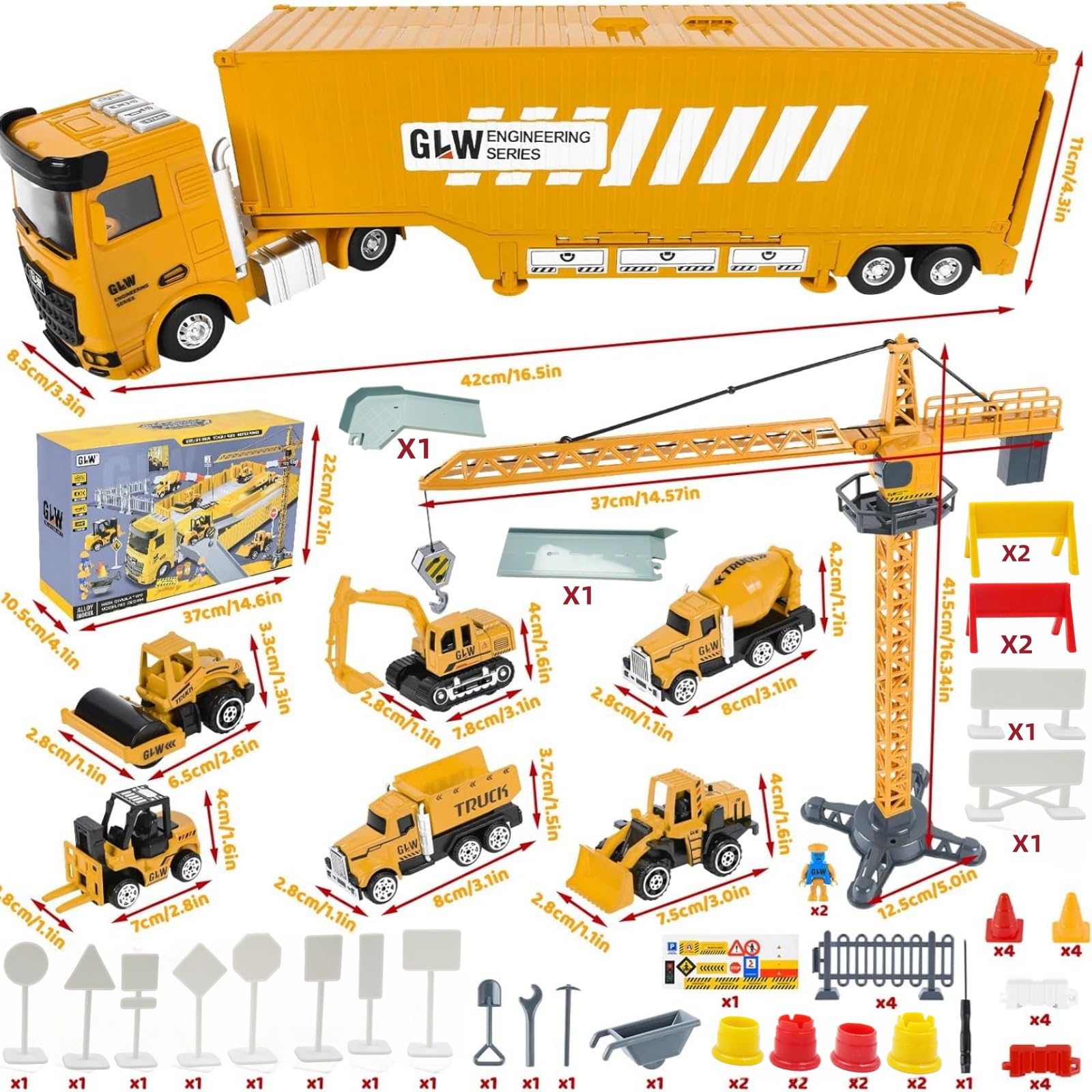 Camion da Cantiere Giocattolo per Bambini con Escavatore Costruzione Torre Gru Effetti di Musica Luce Camion Betoniera Veicoli da Cantiere