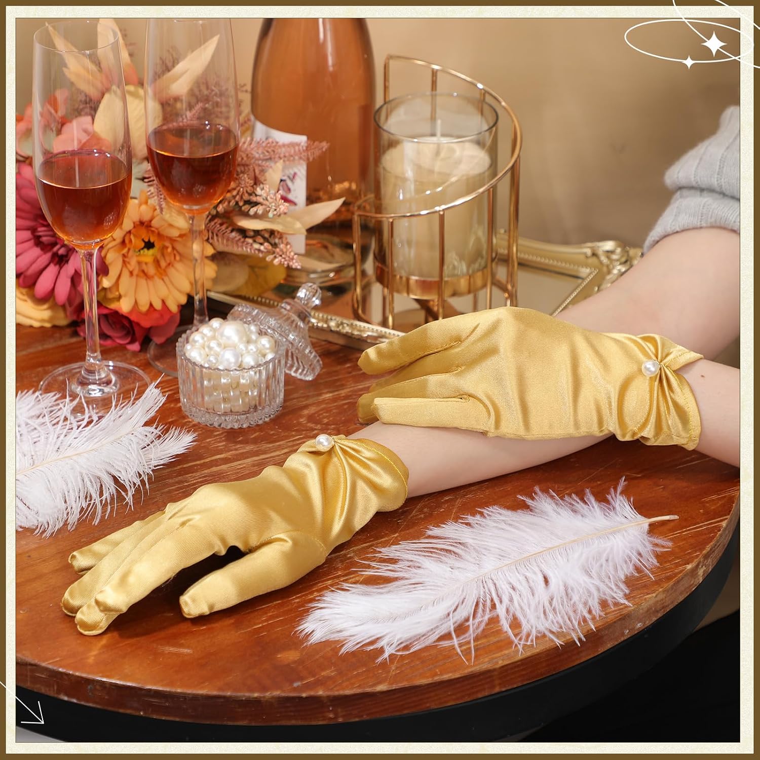 Geyoga Short Satin Gloves Women Wrist Pearl Tea Party Gloves 1920s Flapper Accessories for Funeral Wedding Banquet