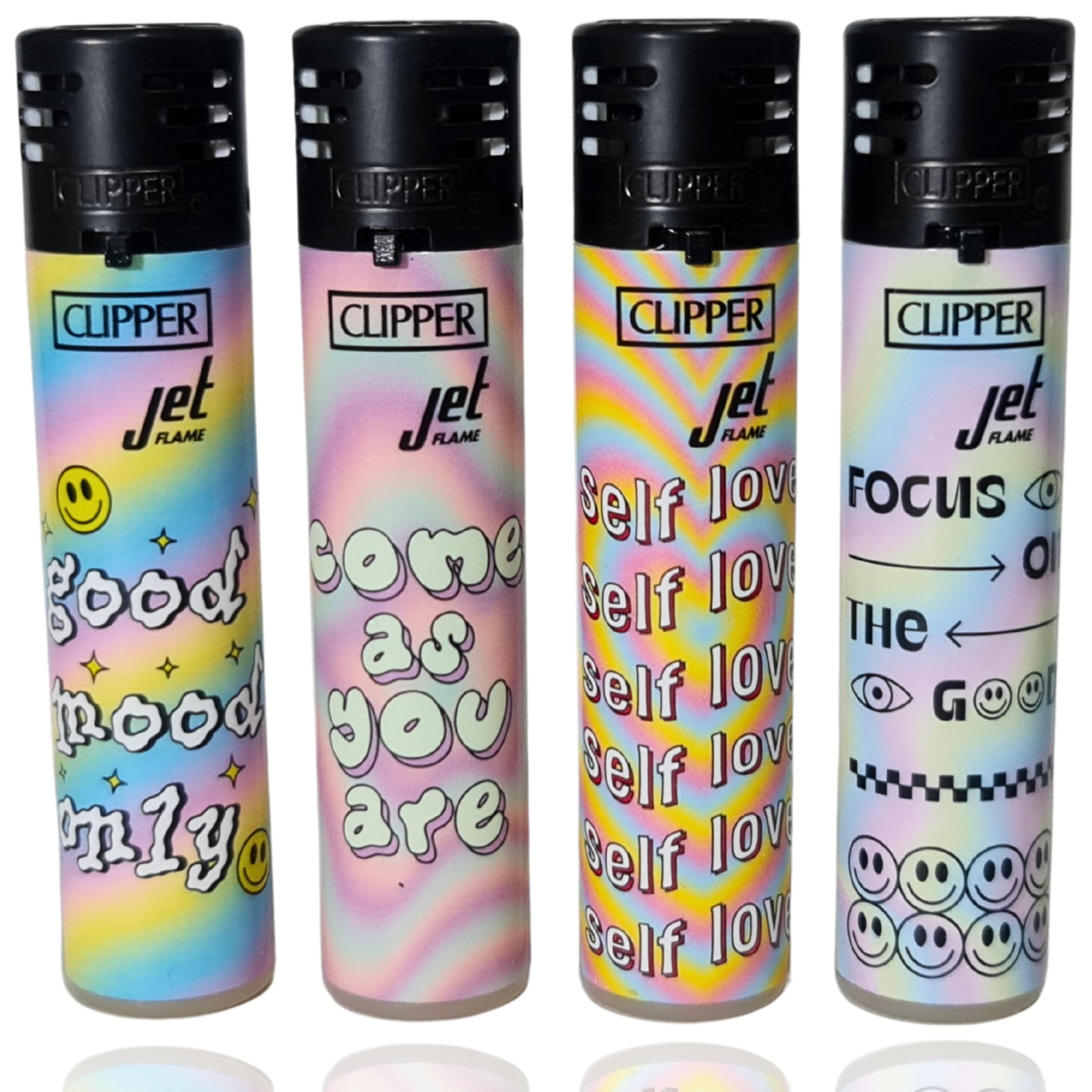 Zactly - 4 x Clipper Lighters Round Jet Black Silver Top Windproof Refillable (Self Love)