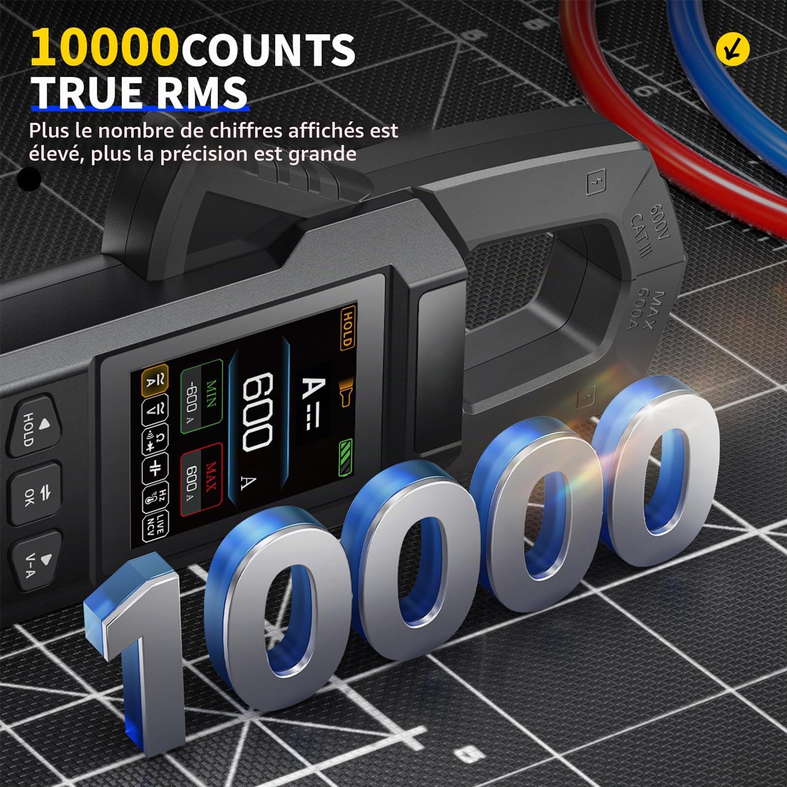 Pince Ampèremétrique Numérique, Multimetre AC DC avec Éclairage LED Ampèremètre 10000 Counts Clamp Meter Mesure la Résistance Capacité Tension Courant Température Fréquence Diodes