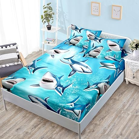 HOSIMA Teens Shark Print Fitted Sheet Set Twin Size