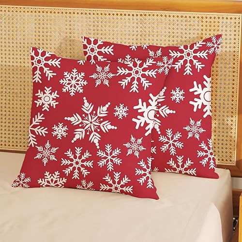Miniatura 4 de Juego de 2 fundas de almohada navideñas de 18 x 18 pulgadas, diseño de copos de nieve rojos de invierno, decoración de casa de campo, sofá,