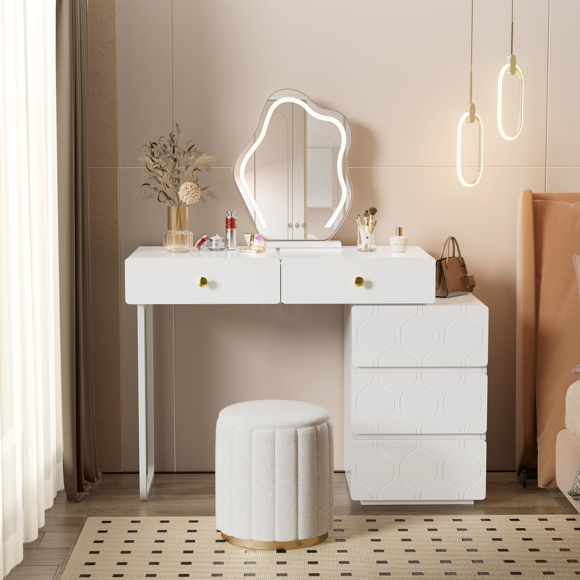 Coiffeuse GreenForest Blanc & Or - 2 Tiroirs, Luminosité Réglable - Bureau & Table Maquillage 2-en-1
