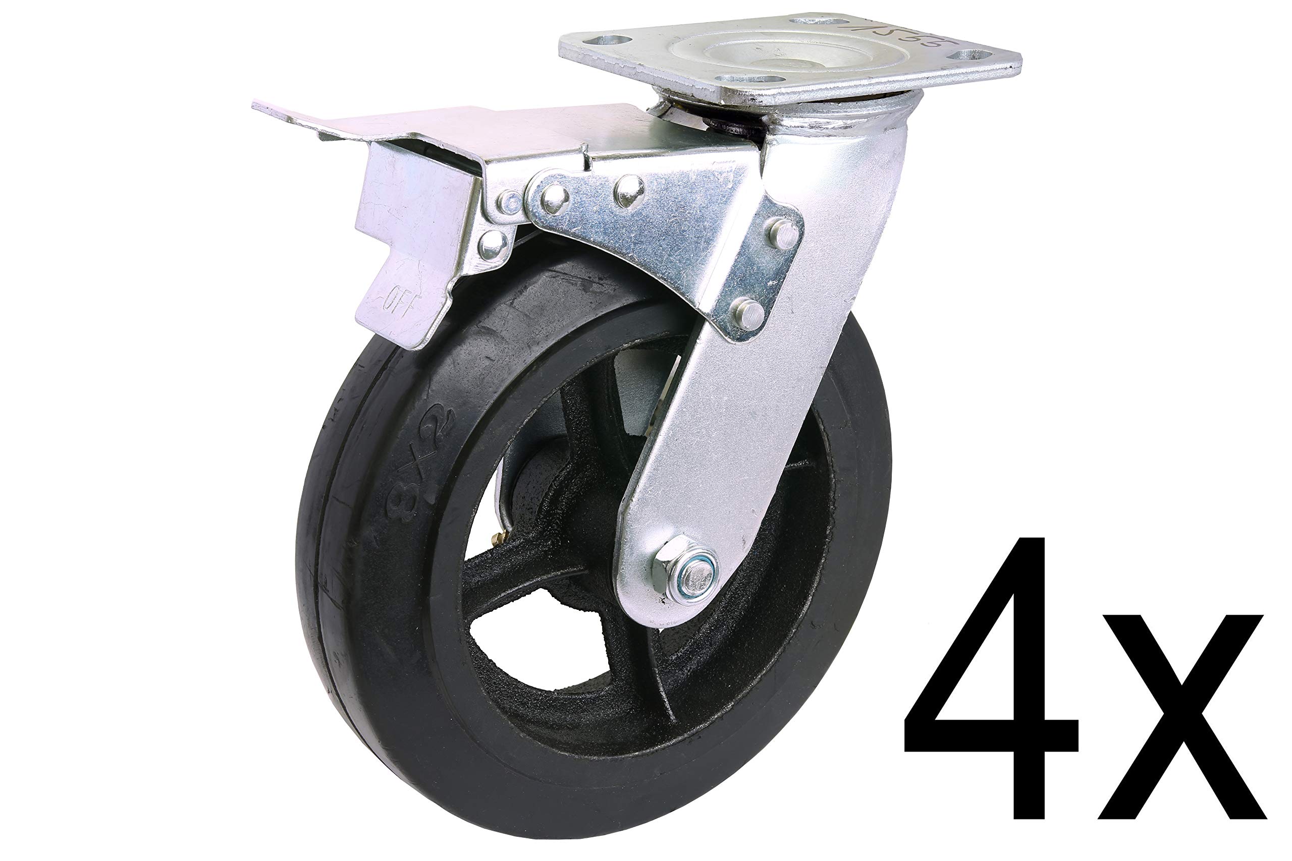 4 Stück gebremste Lenkrollen je 270 kg Tragkraft, Vollgummi Rollenbelag, Ø 205 mm
