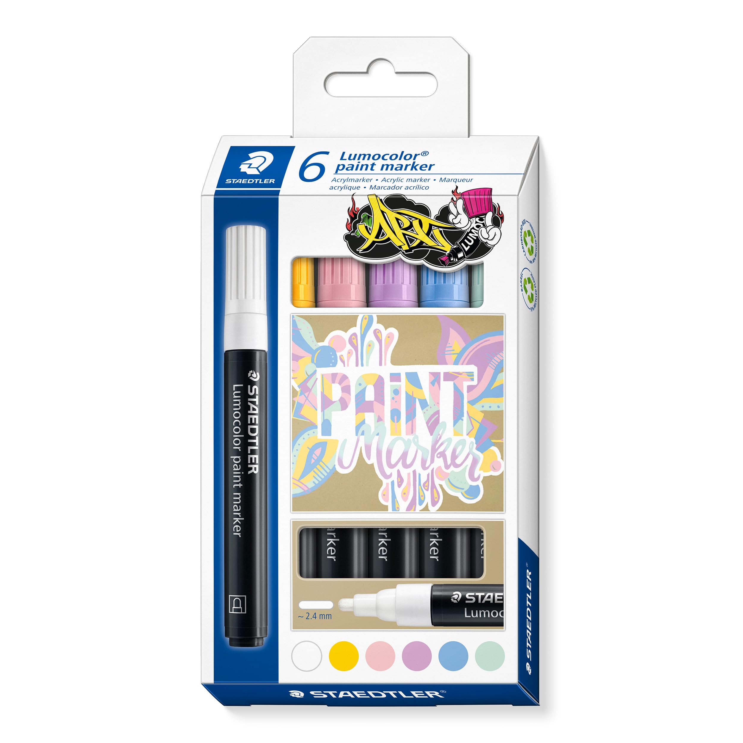 STAEDTLER 349 C6-1 Lumocolor Acrylic Paint Markers, 2.4mm Line Width - Assorted Pastel Colours (Pack of 6)