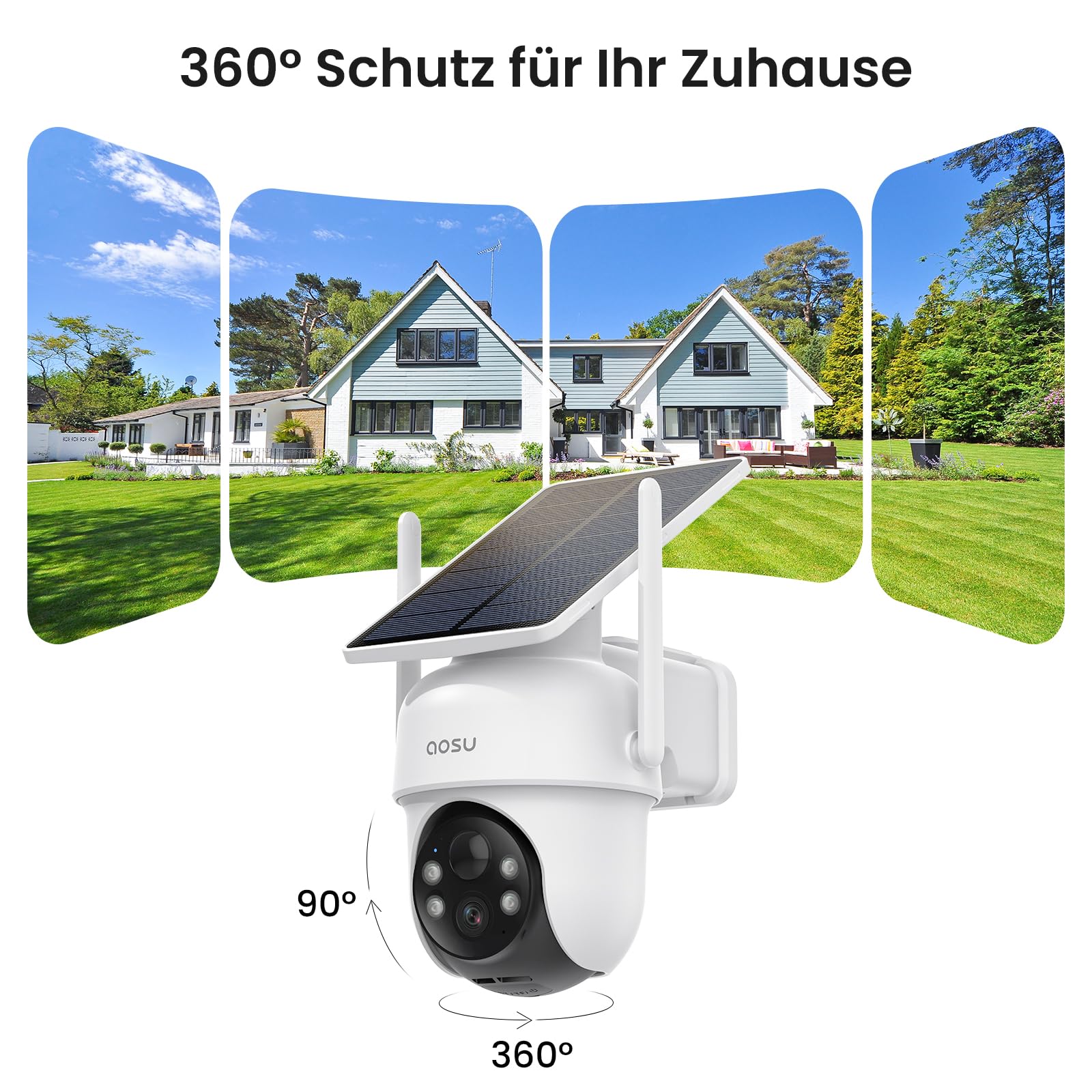 aosu 2K Überwachungskamera Aussen Solar Akku, 4 Cam-Kit & aosuBase, Kein ABO Nötig, 360° Panorama Kabellose Kamera, 32GB Lokaler Speicher, Auto-Tracking, Farb-Nachtsicht, 2 Wege Audio, 5G & 2.4G WLAN