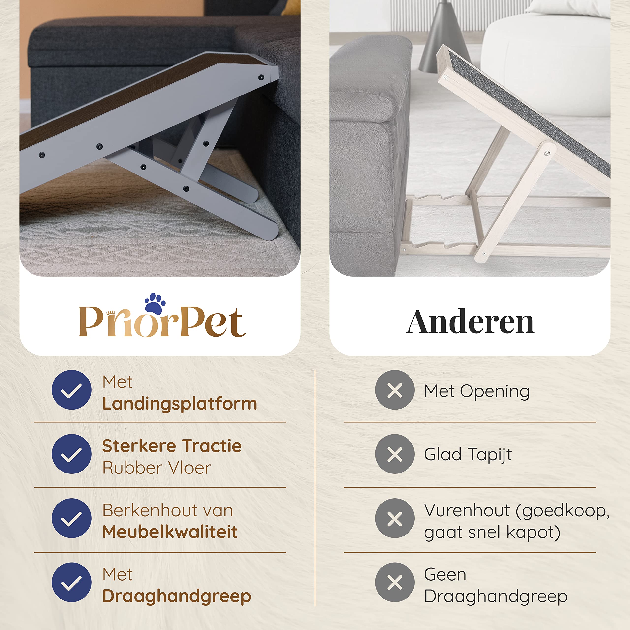 Hondenloopplank- Hondentrap voor grote en kleine honden PriorPet - Instelbaar 18 tot 53 cm - Voor Bed en Bank - Berkenhout - Landingsplatform sluit naadloos aan - Loopplank Hond Opvouwbaar - Blauw