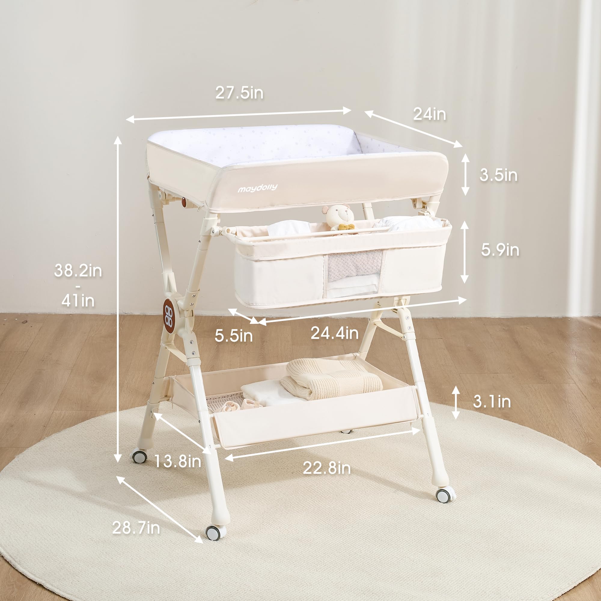 Maydolly cambiador plegable y ajustable en altura para bebé, mesa portátil con ruedas, colchón impermeable y fácil de limpiar, mueble infantil compacto con estantes – beige