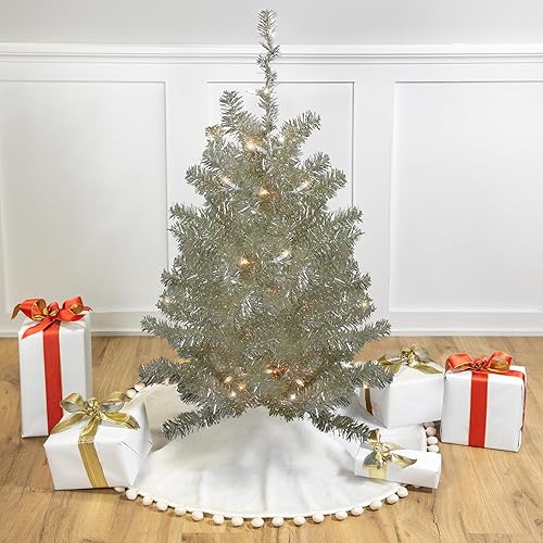 Miniatura 2 de Northlight Árbol de Navidad de oropel artificial de platino metálico de 3 pies - Luces transparentes
