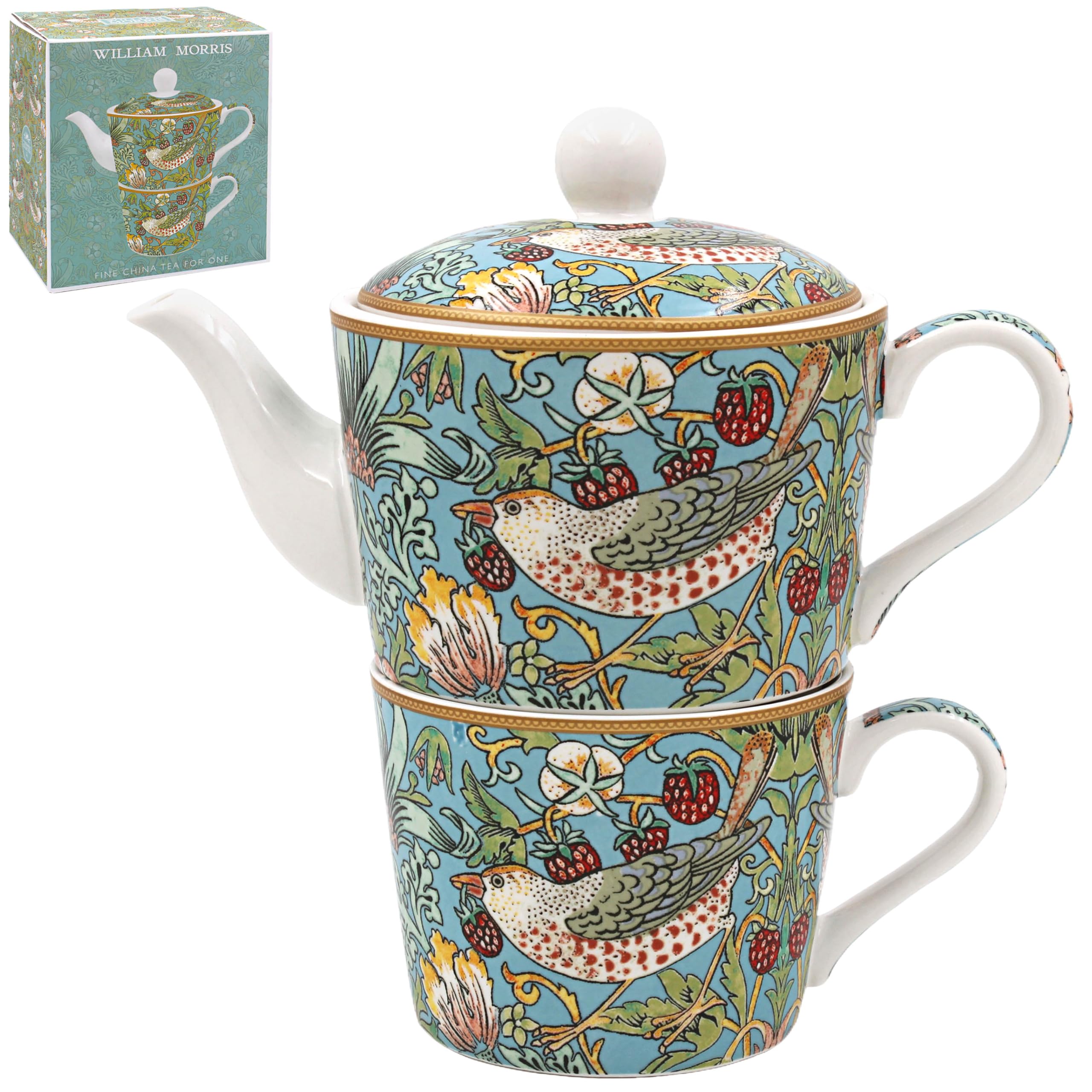 The Leonardo Collection William Morris Strawberry Thief Tea for One Tasse de 250 ml et théière de 400 ml pour la maison et la cuisine | Joli cadeau pour homme et femme | Théière élégante en porcelaine