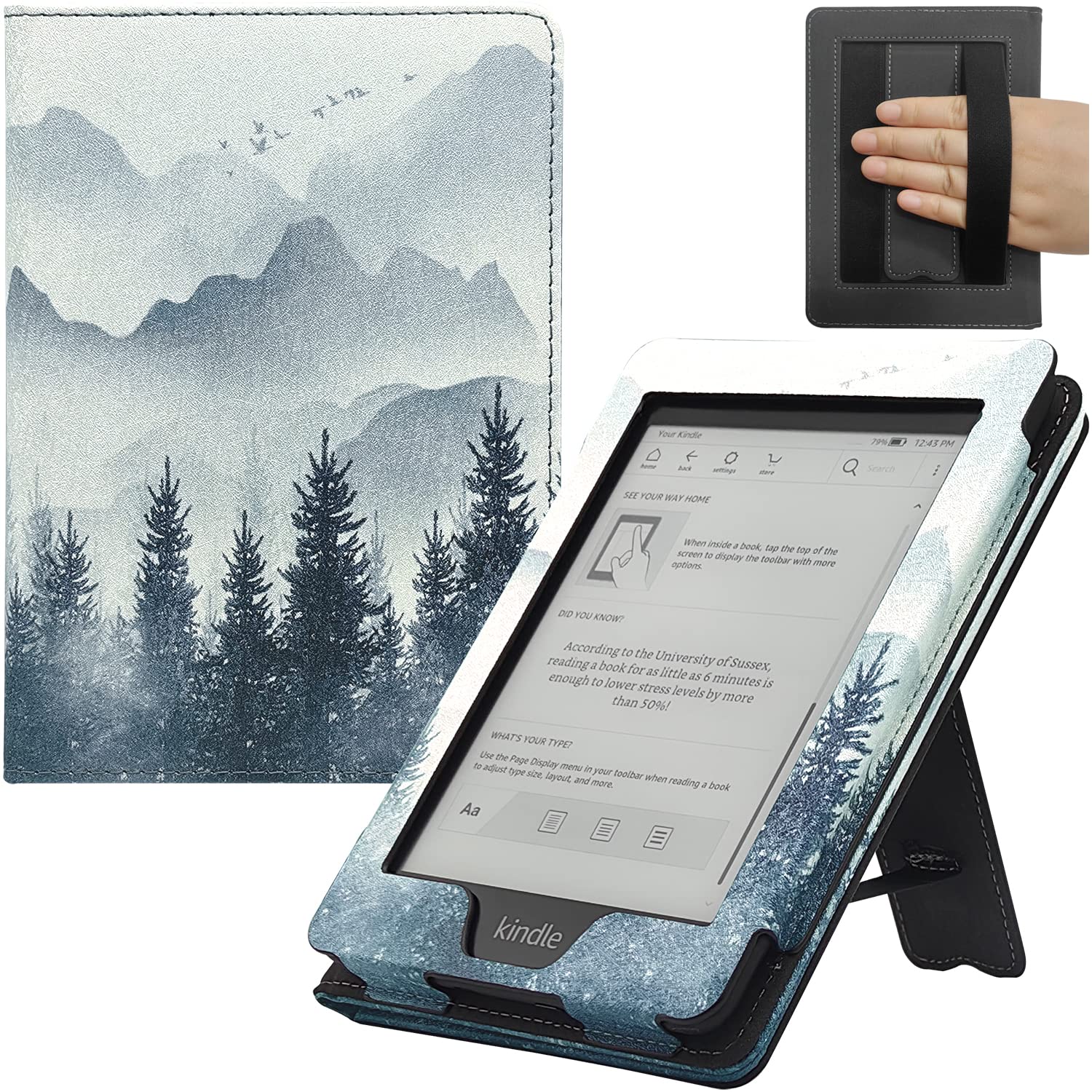 UMUBUHOMS Stand Case for 6 Inch Kindle Paperwhite (10th/7th/6th 5th Generation and All 6'' Paperwhite Generations 2012 to 2018) Cover with Auto Sleep/Wake & Double Hand-held (Forest Mountains)