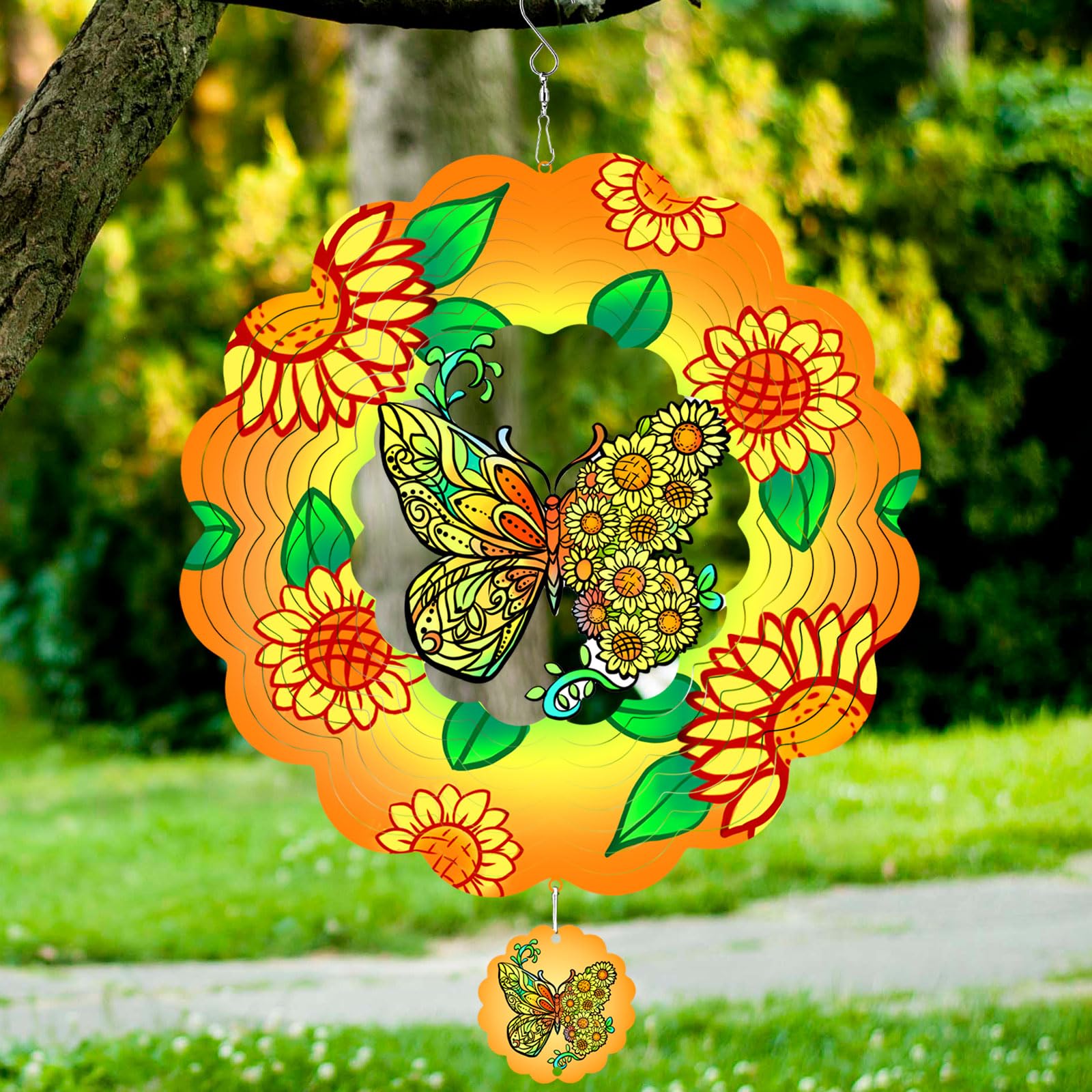 Butterfly Wind Spinners Hanging for Yard and Garden,12 inch 3D Metal Sunflower Outdoor Wind Sculptures Decor Birthday Gifts for Women Mom, Grandma,