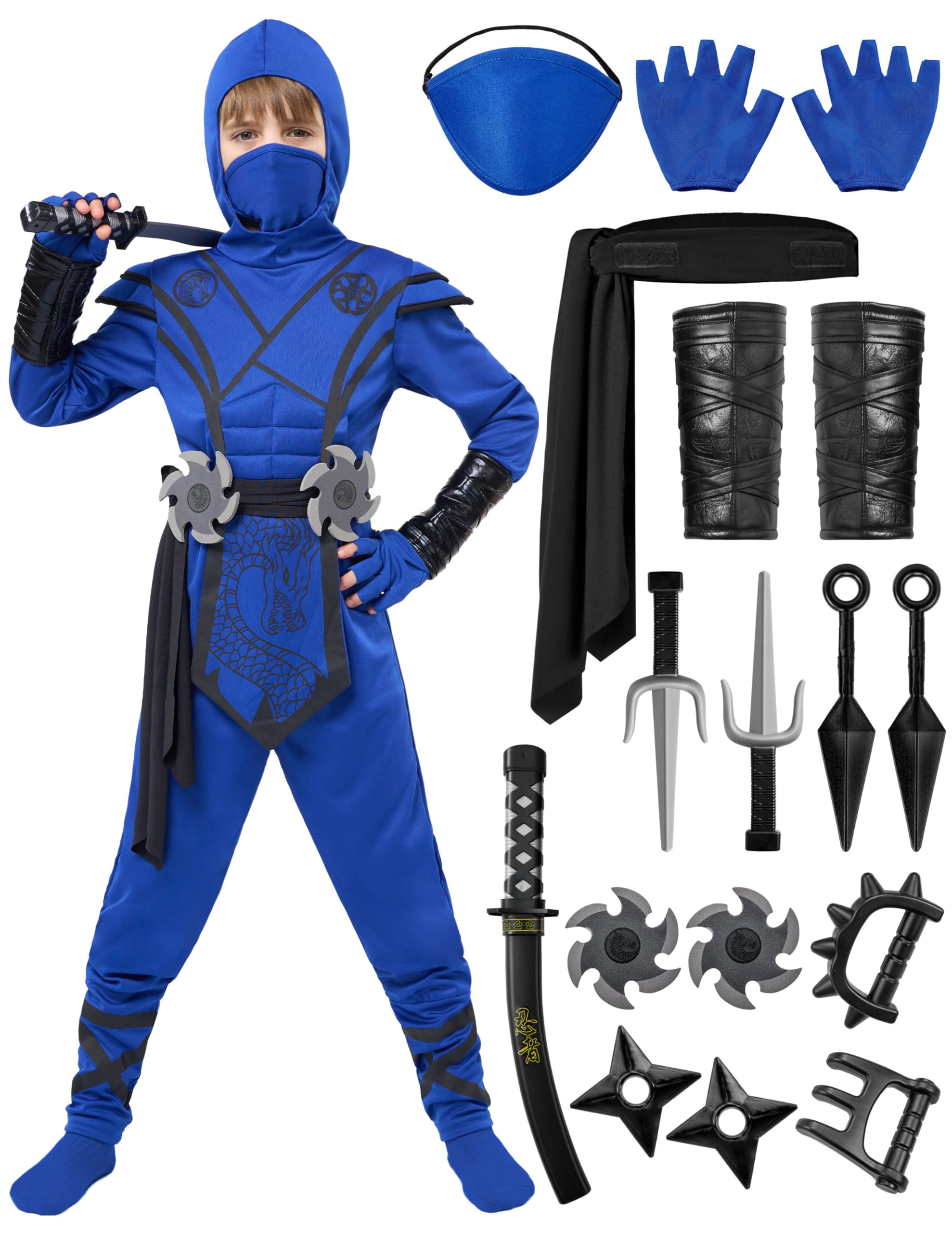 Spooktacular Creations Kostium smoka ninja z akcesoriami piankowymi Ninja, strój ninja, sukienka na Halloween, dla chłopców i dziewczynek, strój Kung Fu, pomysły na Halloween, odgrywanie ról ninja