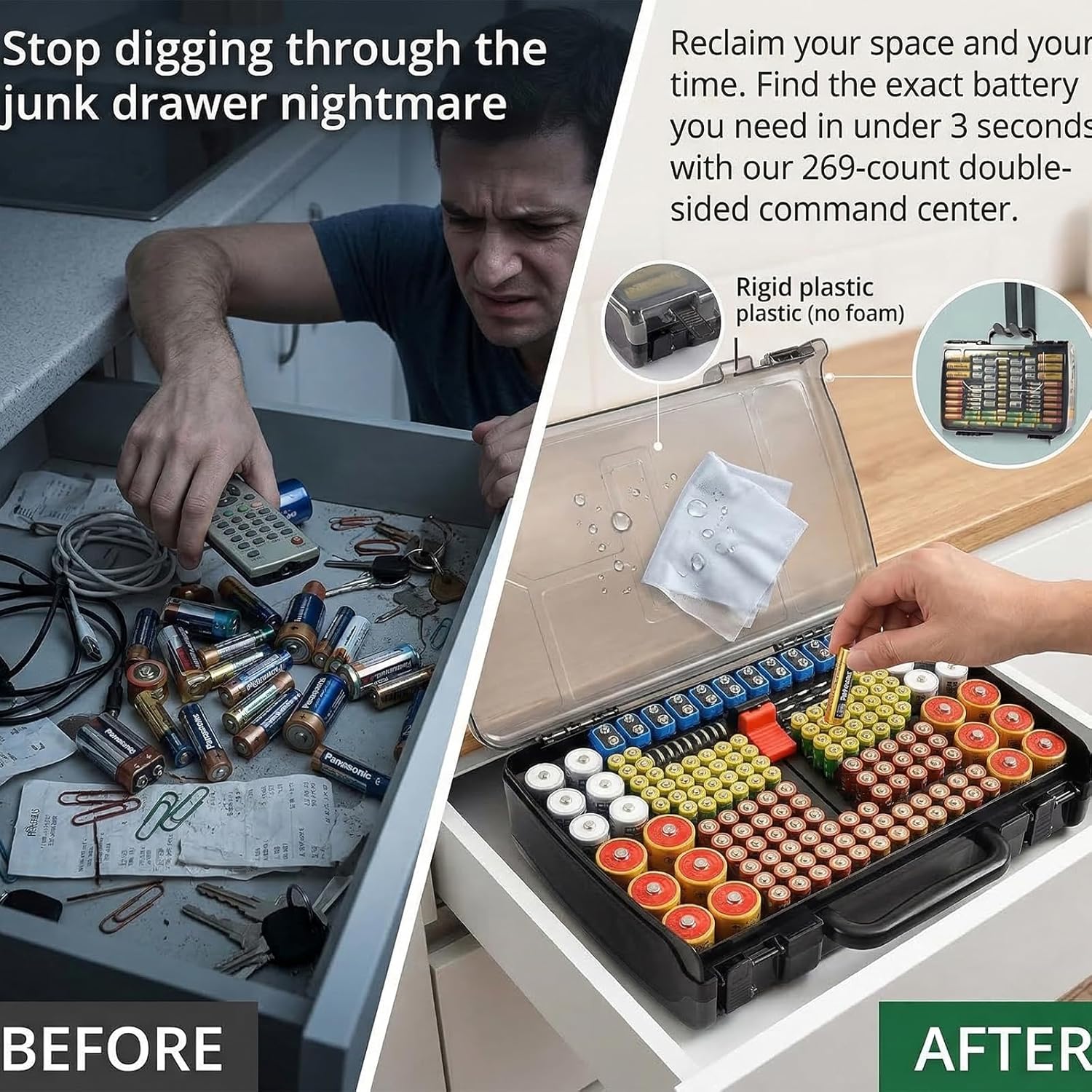 Battery Organizer Storage Case with Tester, Holds 269 Batteries Double Sided Box for AA AAA 4A C D Cell 9V 3V Lithium LR44 CR2 CR123 CR1632 18650 Button, Heavy Duty Holder for Families & DIYers- Grey