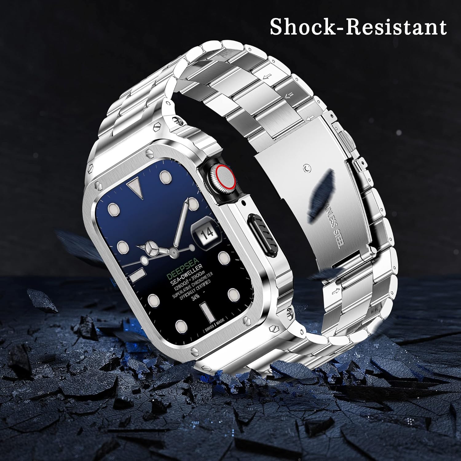 HASLFM Stainless Steel Band with Case Compatible with Apple Watch Series 9 8 7(45mm), Metal Protective Bumper Cover for iWatch Bands Men,Silver - Image 5