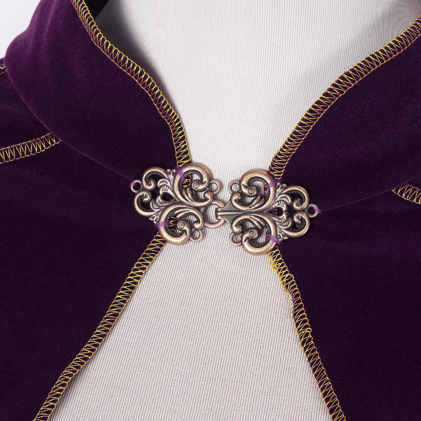 RRCBMD Womens Medieval Cloak Renaissance Victorian Deluxe Stand Collar Velvet Gold Trim Purple Cape for Adult Halloween Cosplay Dress Up 43.3Inch - Image 4