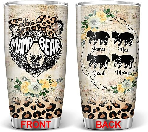 PREZZY Vasos con diseño de mamá oso, divertidos regalos para el Día de la Madre para mamá, abuela, vaso personalizado con nombres de niños, diseño