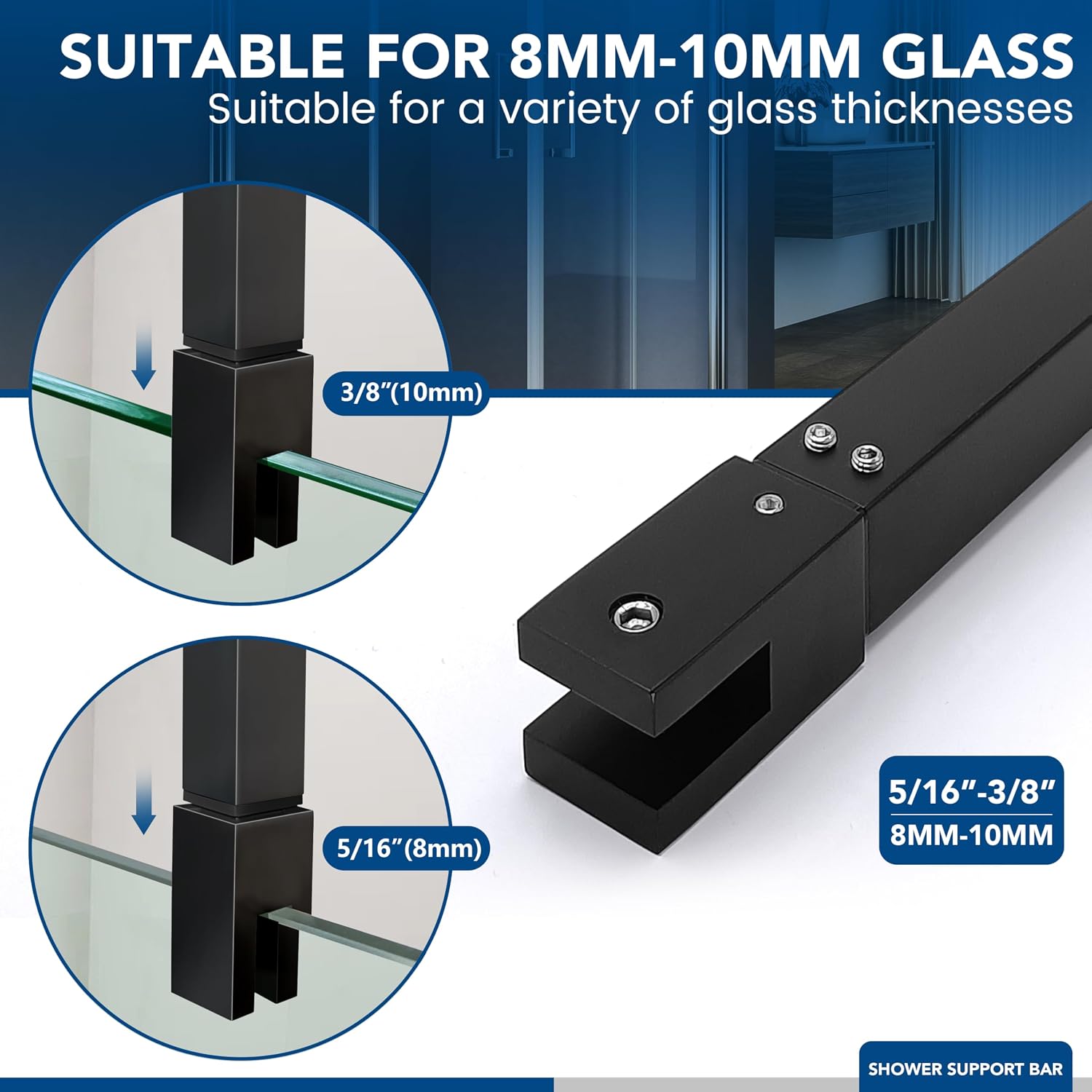 Shower Door Top Support Bar Rod, Length 17.7"-31.9"(451mm-811mm), to Fix 5/16"(8mm) to 3/8"(10mm) Thick Frameless Glass Panel, Matte Black