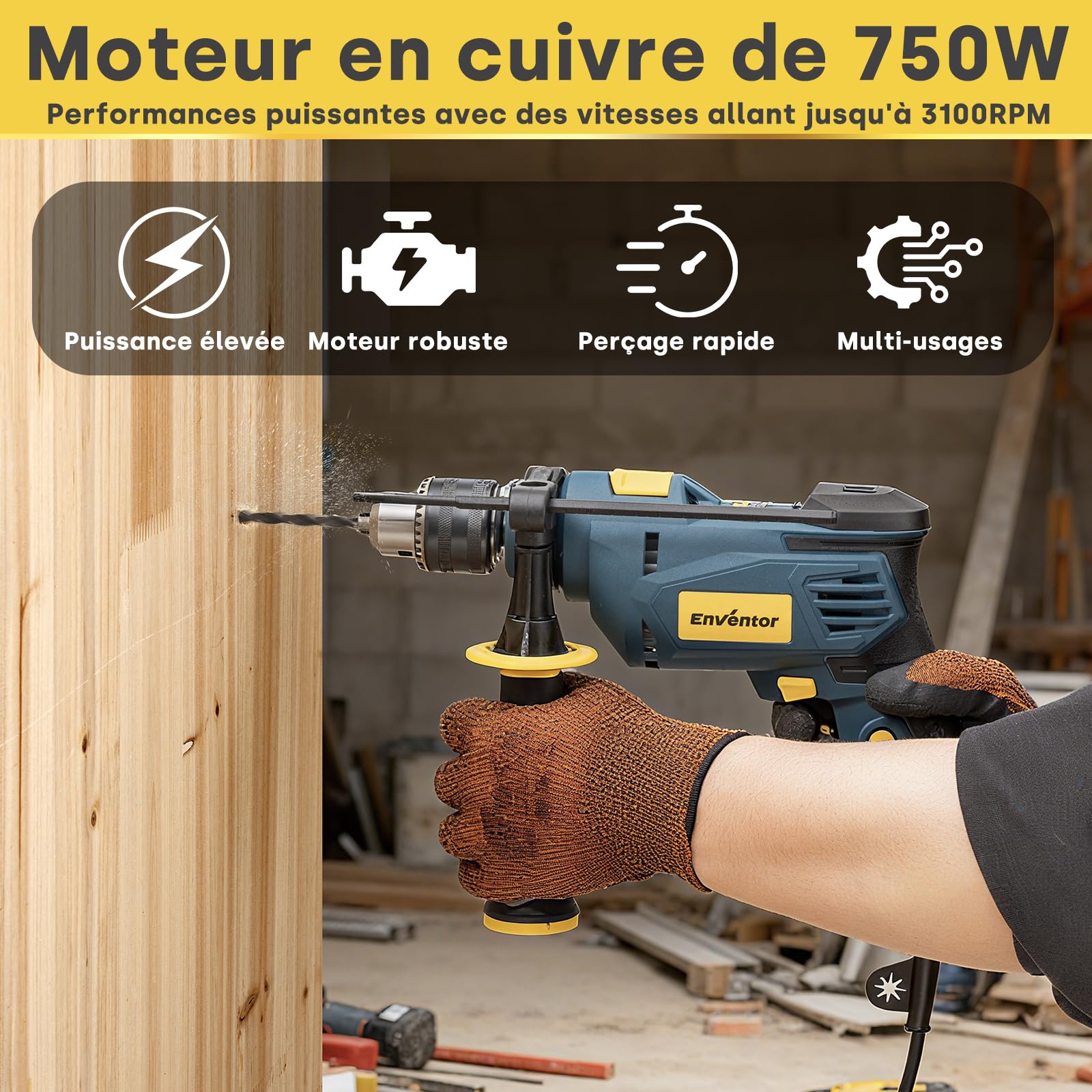 Enventor Perceuse à Percussion Filaire 750W, Perceuse électrique avec 9 Forets, Fonction 2 en 1, variateur de vitesse électronique, poignée pivotante à 360°, pour Béton, Métal et Bois