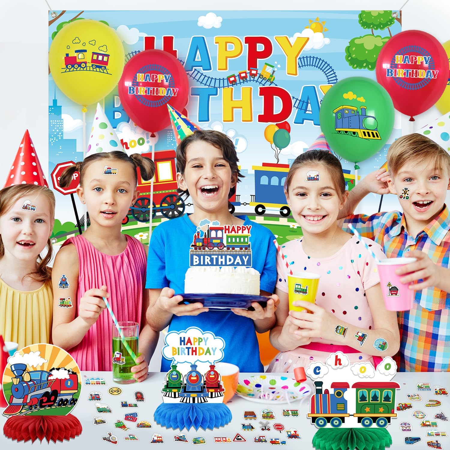 Train Party Decorations , Includes Happy Birthday Banner, Cake Toppers, Birthday Backdrop, Train Stickers, Balloons, Honeycomb Centerpieces, for Train Party Vehicle Party Supplies - Image 5