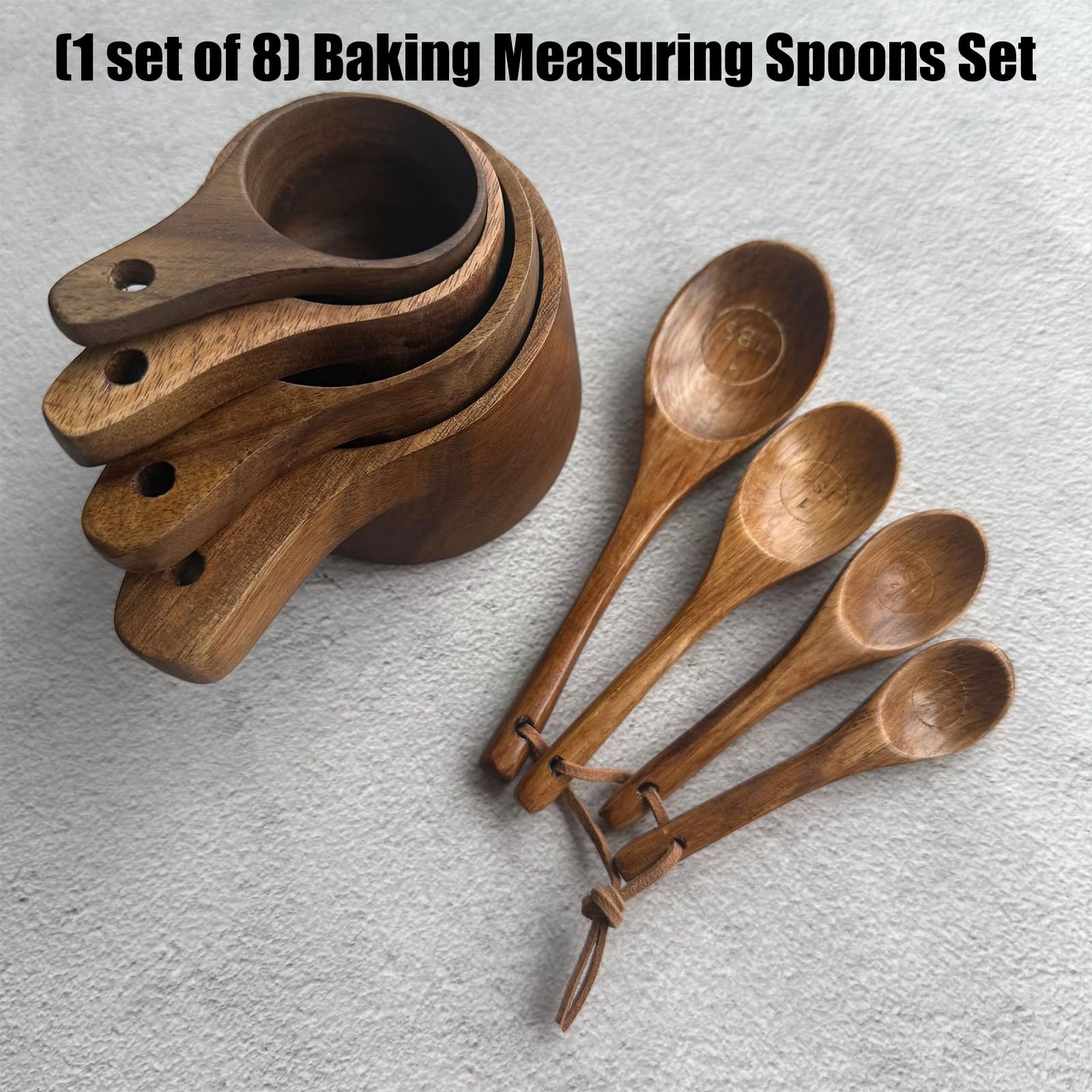 Juego completo de 8 cucharas medidoras de madera para hornear y cocinar profesionales, acabados suaves, fácil de limpiar, juego de cucharas de madera para hornear