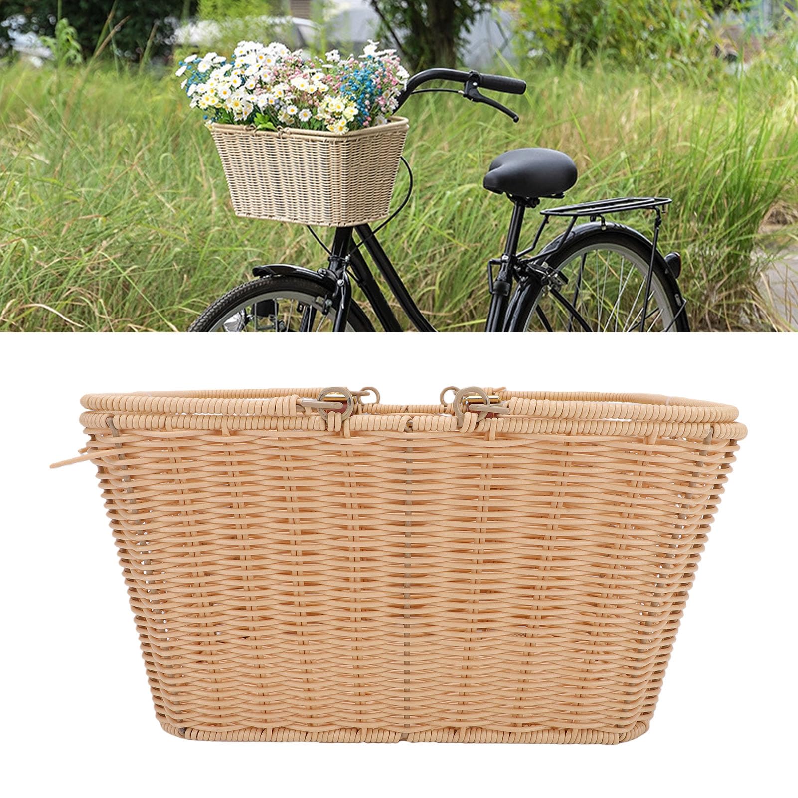 Przedni Kosz Rowerowy w Stylu Retro PP z Uchwytem na Piknik | Trwały Tkany Kosz do Przechowywania z PP;Przenośny Przedni Kosz Rowerowy, Idealny na Wycieczki na plażę i Pikniki