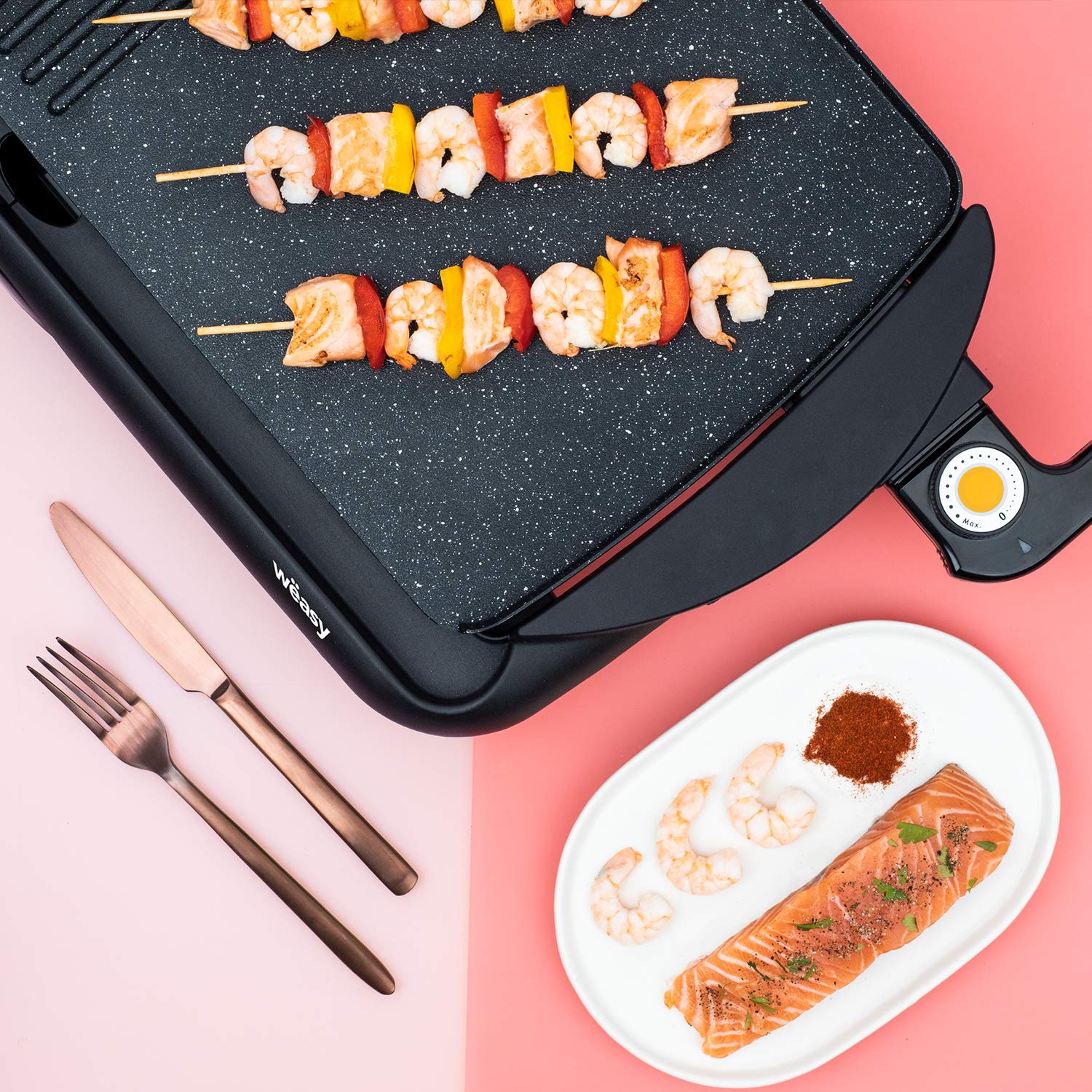 Plancha Electrique et Grill sur Table STO52 Compacte 2 en 1 Professionnelle, Plaque Amovible Antiadhésive Pierre, Compatible Lave Vaisselle