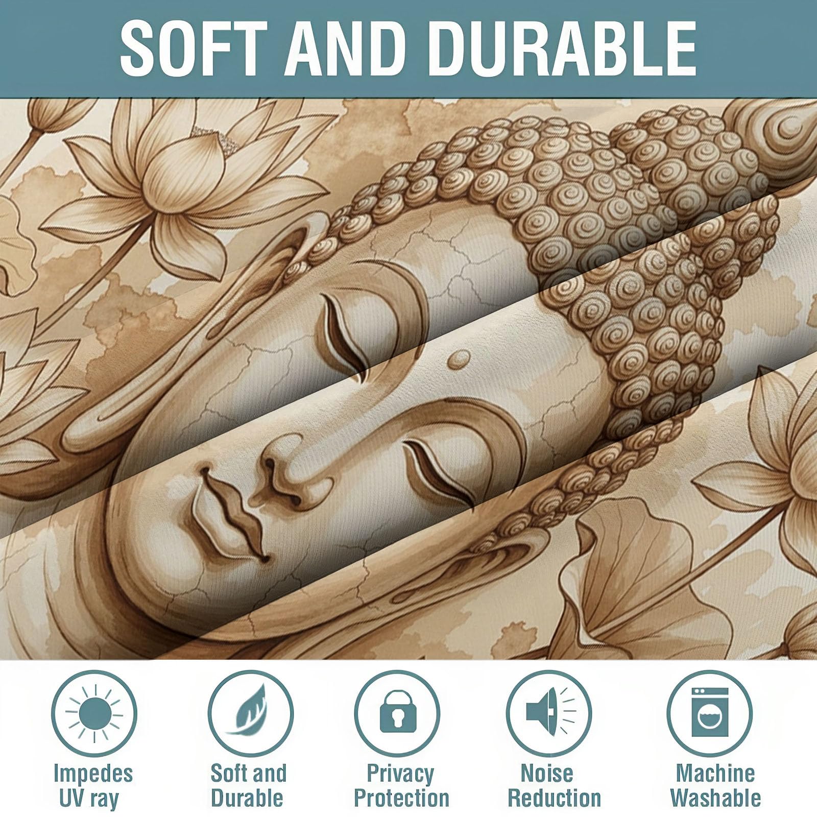 140 X 240 cm Tende da Zen disegnato a mano 2 pannelli | ragazzi bambini Silhouette Crepe motivo del fiore loto della statua del Buddha per ragazzi adolescenti, tendaggi per finestre Albicocca chiara
