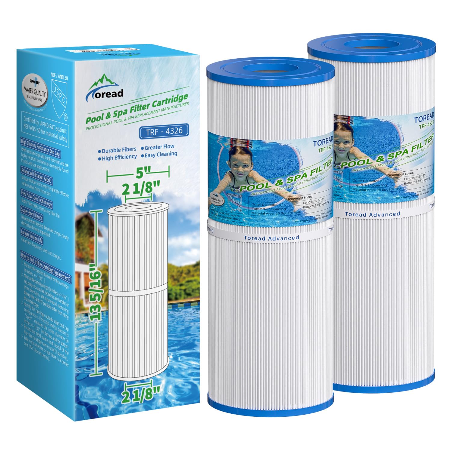 TOREAD Hot Tub Spa Filters Replacement for Pleatco PRB25IN Unicel C-4326, Filbur FC-2375, SC704, 42513, 8512, RD26, 25 sq ft, Pentair R173434, Waterway 817-5000, Dynamic RDC-25, 2 PACK — image 1