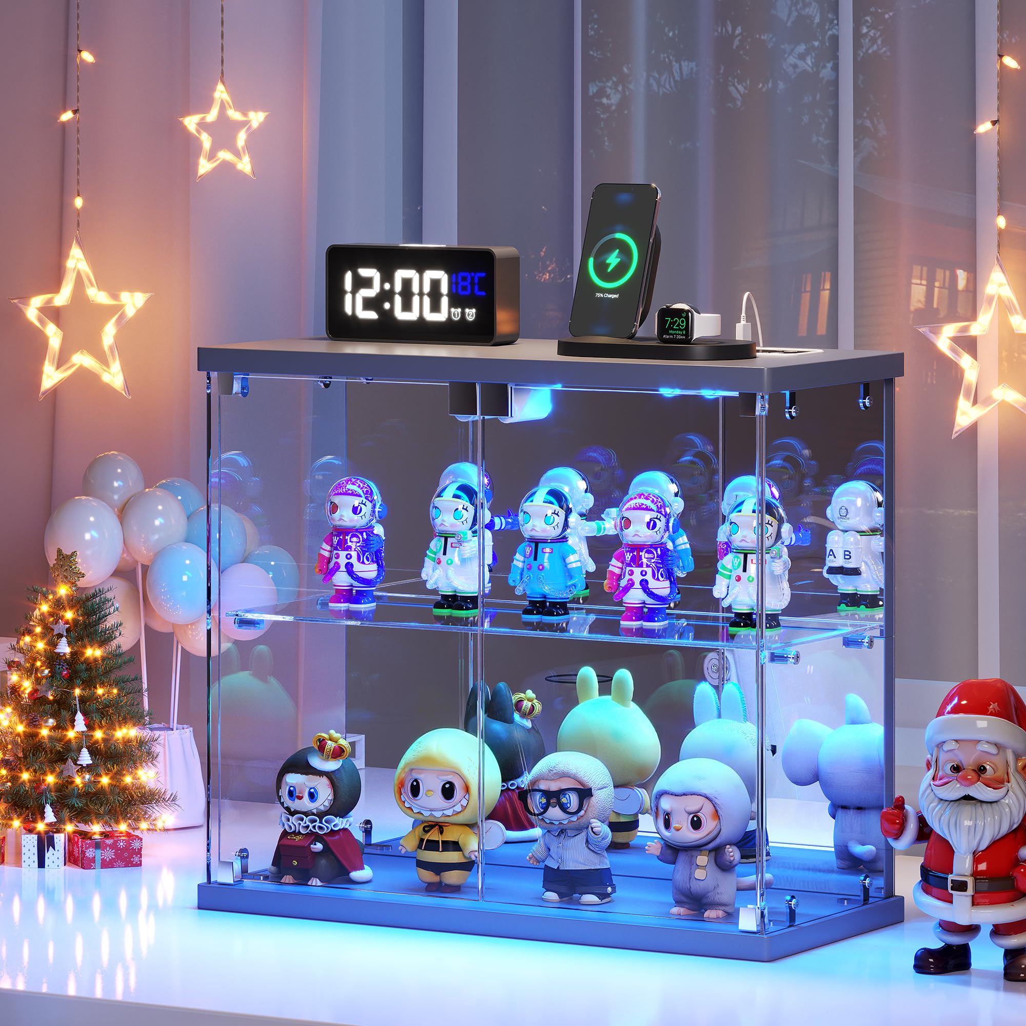 FREDEES Glasvitrine Stehend mit LED Beleuchtung - Kleine Zweistöckige Vitrinenschrank mit Ladestation, Vitrine mit Human-Sensor-Beleuchtung, für Figuren/Sammlerstücke/Spielzeug, Grau