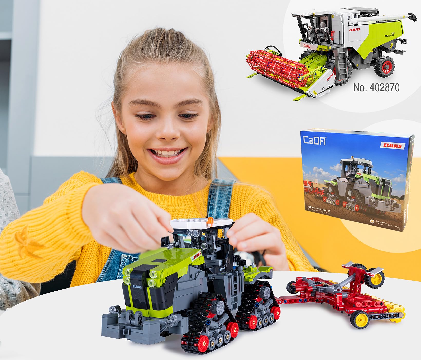 JAMARA 402856 CADA Claas Xerion 5000 Trac TS 1:32 Bricks, giocattolo agricolo per bambini a partire dagli 8 anni, tecnica per ragazzi, set di mattoncini a morsetto, idea regalo per bambini, fedele ai