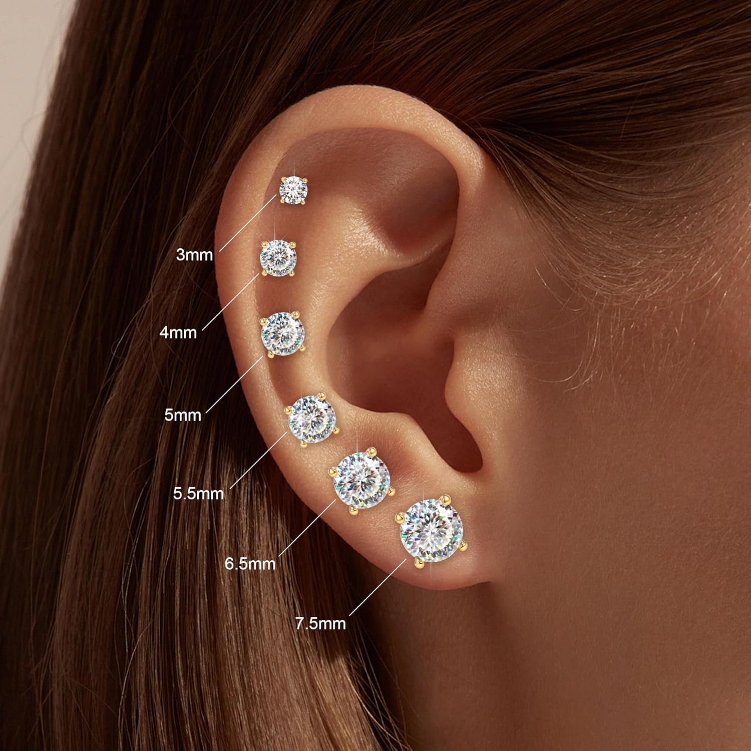 Moissanite Earrings - 0.3-1.5CT Round Cut Flat Back Studs Hypoallergenic 925 Sterling Silver Earrings 18K Gold Plated Gift for Women Men - Image 4