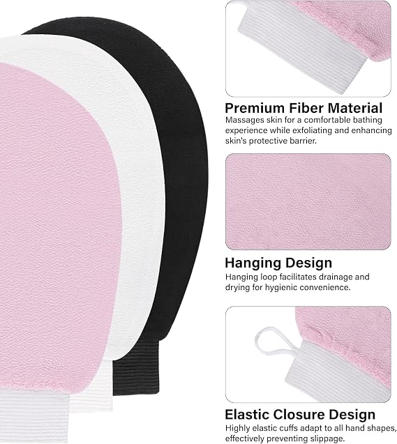 3 Colours Exfoliating Mitt Glove, Body Scrub Bath Spa Shower Gloves, Body Leg Scrubber Soft Remover Shower Body Scrub Gloves for Women and Men (Black, pink, white)