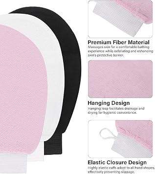 3 Colours Exfoliating Mitt Glove, Body Scrub Bath Spa Shower Gloves, Body Leg Scrubber Soft Remover Shower Body Scrub Gloves for Women and Men (Black, pink, white)